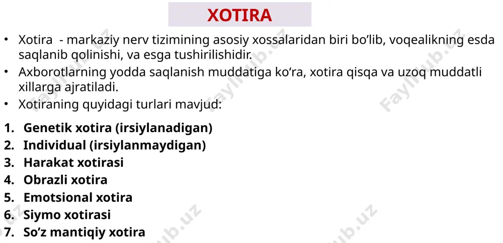 demak, diqqat tanlash xususiyatyga ega. ayni vaqtning o'zida bir nechta guruxning suhbatida ishtirok etishga harakat qilish mumkin. ammo, gap jiddiy narsalar ustida ketganda, ular o’rtasidagi gap- so'zlarning mag‘ziga yetolmaysiz. bosh miya bosh miya kalla suyagi ichida joylashgan, sferoid shaklga ega. odamda bosh miya massasi 1300 -2000 g yetishi mumkin. odamning aqliy darajasi bilan miya og‘irligi orasida bog‘lanish isbotlanmagan. embrional rivojlanishning boshlang‘ich davrlarda gavdani orqa tomonida joylashgan nerv naychasini oldingi uchidan kengayma hosil bo‘lib, birin ketin oldingi, o‘rta va orqa miya pufaklari hosil bo‘ladi. so‘ng oldingi va orqa miya pufaklari yana ikkitadan miya pufaklariga bo‘linadi va natijada beshta miya pufaklari hosil bo‘ladi. keyingi miya (uzunchoq miya va ko’prik) uzunchoq miya konussimon shaklga ega, u pastki tomonda orqa miya, yuqori tomonda ko’prik bilan chegaralanadi. uzunchoq miyani oldingi yuzasida o‘rta yoriq o‘tadi, uning ikki tomonidan esa ikkita tizimcha shaklida piramidalar joylashgan. uzunchoq miyani orqa yuzasidan orqadagi o‘rta egat o‘tadi. orqadagi o‘rta egatning chap …
