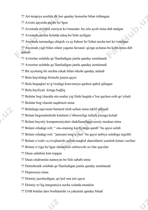 artaraf etish uchun nima taklif qilinadi ?? bolani begonalashishi kimlarni eʼtiborsizligi tufayli yuzaga keladi ?? bolani hayotiy kompetensiyalari shakllanadigan asosiy maskan nima ?? bolani oiladagi roli: “ ota-onaning kayfiyatiga qarab” bu qaysi uslub ?? bolani oiladagi roli: “jamoani teng aʼzosi” bu qaysi tarbiya uslubiga tegishli ?? bolani oʻsishi va rivojlanishi uchun maqbul sharoitlarni yaratish kimni vazifasi ?? bolani oʻziga boʻlgan ishonchini oshiruvchi soʻzlar qaysilar ?? daun sababini kim topgan ?? daun sindromini namoyon boʻlish sababi nima ?? demokratik uslubda qo’llaniladigan jumla qanday nomlanadi ?? depressiya nima ?? doimiy jazolaydigan, qoʻpol ona turi qaysi ?? doimiy toʻliq integratsiya necha xolatda mumkin ?? enb bolalar dars boshlanishi va yakunini qanday biladi ?? enb bolalar oʻquv joylarini nimalar bilan jihozlash kerak ?? farzandi nogironligiga koʻnikish, farzandini kasalligini qabul etish hissi qaysi ?? farzandlar uchun eng birinchi namuna kim ?? har bir inson hujayrasida juft boʻlib joylashgan nechta xromosoma mavjud ?? hira kir koʻzaynak …