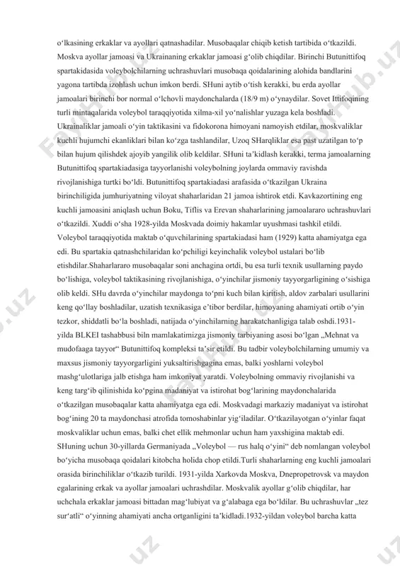 . xuddi shu yillarda voleybol uzoq sharqda — xabarovsk va vladivostokda paydo boʻldi. 1925-yildan esa ukrainada ham rivojlana boshladi. ssjida jismoniy tarbiya va sportning keyingi taraqqiyoti uchun rkp/b/ mk 1925-yil 13-iyul qarori katta ahamiyatga ega boʻldi. unda ommani tarbiyalashning samarali usullaridan biri boʻlgan jismoniy tarbiya va sportni keng rivojlantirish zarurligi uqtirib oʻtildi. markaziy qoʻmita qarori voleybolning tobora taraqqiy etib borishiga kuchli taʼsir koʻrsatadi. sovet voleybolchilari oʻz oldilariga mamlakatda voleybolni ommalashtirish, tarbiyaviy ishlarni kuchaytirish, texnika va taktikani mukammallashtirish, oʻyinchilarni har tomonlama jismoniy tayyorgarligini yuksaltirish kabi qator vazifalarni qoʻydilar. voleybol hamma erda tarqala boshladi. shu bilan bogʻliq ravishda musobaqalarning yagona qoidalarini ishlab chiqish zarurati tugʻildi. 1925-yilning yanvarida moskva jismoniy tarbiya kengashi voleybol boʻyicha musobaqalarning birinchi rasmiy qoidalrini tuzib tasdiqladi. toʻrning balandligi — ayollar uchun 2 m 20 sm va erkaklar uchun — 2 m 40 sm qilib belgilandi. ayollar jamoalarida oʻyin 15 x 7,5 oʻlchamli maydonchada oʻtkaziladigan boʻldi. 1926-yilda moskvada yangi qoidalar …