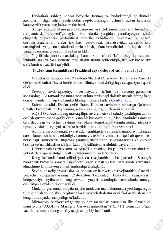tlarini amalga oshirish chora-tadbirlari to‘g‘risida”gi prezident farmoniga muvofiq, investitsiyalar, sanoat va savdo vazirligi tashkil qilindi. yig‘ilishda jahon moliya bozorlaridagi vaziyatdan kelib chiqib, soha oldidagi muhim vazifalar ko‘rsatib o‘tildi. joriy yilda 11 milliard dollarlik to‘g‘ridan-to‘g‘ri xorijiy investitsiyalarni o‘zlashtirish, yirik investorlar bilan manzilli ishlash bo‘yicha vazifalar belgilandi. investitsiyalarni jalb qilishda iqtisodiy diplomatiyani va chet eldagi diplomatik vakolatxonalar ishtirokini kuchaytirish muhimligi qayd etildi. yil yakunigacha 304 ta yirik va 3 mingta hududiy loyiha ishga tushirilishi rejalashtirilgan. ularning natijasida qo‘shimcha 10 trillion so‘mlik mahsulotlar ishlab chiqarish yo‘lga qo‘yiladi. davlatimiz rahbari sanoat bo‘yicha tarmoq va hududlardagi qo‘shimcha zaxiralarni ishga solish, mahsulotlar raqobatdoshligini oshirish uchun tannarxni kamaytirish yuzasidan ko‘rsatmalar berdi. xorijiy konsultantlarni jalb qilib, maxsus va kichik sanoat zonalarini hududlarni rivojlantirish “drayveri”ga aylantirish, ularda yangidan yaratilayotgan ishlab chiqarish quvvatlarini joylashtirish zarurligi ta’kidlandi. to‘qimachilik, charm, qurilish materiallari, elektr texnikasi, oziq-ovqat, farmatsevtika, zargarlik kabi tarmoqlarda yangi mahsulotlarni o‘zlashtirish, jahon brendlarini olib kelish orqali yangi bozorlarga chiqish muhimligi aytildi. …
