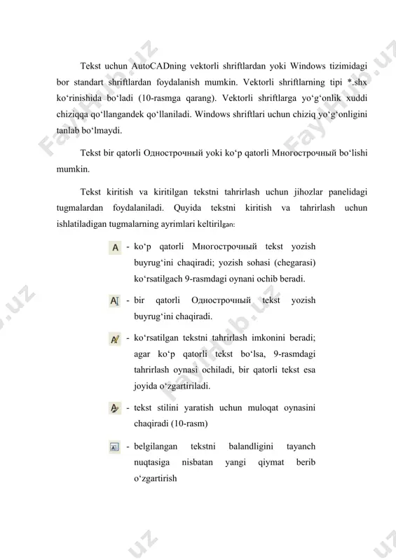 ini o‘zgartirish; simvollar kiritish va boshqa imkoniyatlari mavjud. bu o‘zgartirishlar tekstning belgilangan qismiga ta’sir etadi. tekstni biror fayldan import qilib olish ham mumkin. muloqot oynaning lineykasi yordamida abzas chegaralarini va tekst yozilgan to‘rtburchak sohaning o‘lchamini o‘zgartiriladi. undan tashqari tekst sohasiga rang berish, chizmadagi fon ustiga yozish va bu fonning tekstga nisbatan ko‘rinish darachasini foizlarda tanlash mumkin. buyruqlarni muloqat oynasidagi (9-rasm) tugmachalar (piktogrammalar) yordamida yoki tekst yozilayotgan sohaga «sich​qoncha»ning o‘ng tugmasini bosib chaqirilayotgan menyudan bajarish mumkin. 9-rasm chizmada ko‘p qo‘llaniladigan ayrim belgilar quyidagicha tanlanadi: ( - diametr belgisi %%s orqali, ( - gradus belgisi %%d orqali va ( - plyus-minus belgisi %%p orqali yoziladi (bu yerda s, d, p harflari lotin tilida yozilishi kerak) . формат menyusining текстовые стилы… bo‘limi orqali yangi stillar (namuna) yaratish yoki yaratilgan stillarni o‘zgartirish uchun muloqat oynasi chaqiriladi (10-rasm). odatda стандартный stili o‘rnatilgan bo‘ladi. yaratilayotgan stillarga nom berib saqlab qo‘yiladi. keyinchalik teks yozish va tahrirlash paytida …