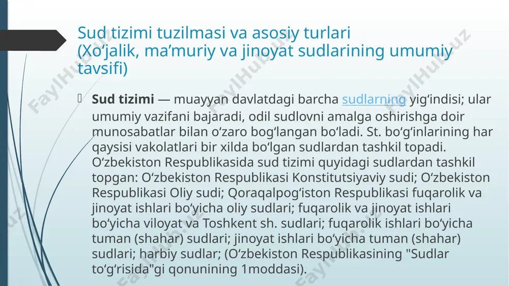 egalik qilishdan mahrum etish bilan bogʻliq boʻlmagan holda buzilganlik; yetkazilgan zararni qoplash; shaʼn, qadrqimmat va ishchanlik obroʻsini himoya qilish toʻgʻrisidagi va boshqa nizolar, davlat roʻyxatiga olishni rad etganligi yoki belgilangan muddatda davlat roʻyxatiga olishdan bosh tortganlik ustidan shikoyat kabilar. xoʻjalik nizolarini, asosan, xoʻjalik sudlari koʻrib chiqadi. xoʻjalik sudlarining vakolat doirasi oʻzbekiston respublikasi konstitutsiyasida (111modda) belgilab berilgan. xoʻjalik nizolari, shuningdek, hakamlar sudita koʻrish uchun topshirilishi mumkin (oʻzbekiston respublikasi xpk, 25modda). xo‘jalik sudlarining vazifalari: xo‘jalik sudlari yuridik shaxslar va yakka tartibdagi tadbirkorlar o‘rtasidagi iqtisodiy nizolarni hal qiladi. ular xo‘jalik yurituvchi subyektlar faoliyatida yuzaga kelgan nizolarni qonun asosida ko‘rib chiqadi va adolatli qarorlar qabul qiladi. ko‘rib chiqiladigan ishlar turlari: shartnomaviy majburiyatlar bo‘yicha nizolar moliyaviy, kredit, bank va soliq munosabatlariga oid ishlar korxonalarni tugatish yoki bankrotlik ishlarini ko‘rib chiqish davlat organlari bilan tadbirkorlar o‘rtasidagi iqtisodiy nizolar sud yurisdiksiyasi (vakolat doirasi): xo‘jalik sudlari faqat yuridik shaxslar (masalan, mchj, aj) va yakka tartibdagi tadbirkorlar ishtirokidagi nizolarni …