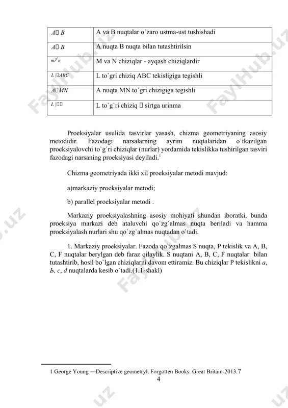 elsevier ltd. great britain-2010.195 ] ortogonal proeksiyalar metodi (моnj epyuri) narsalarni bir-biriga perpendikulyar ikkita tekislikdagi to`gri burchakli proeksiyalari bilan tasvirlash metodi ortogonal proeksiyalar metodi deyiladi. ortogonal so`zi – to`gri burchakli degan so`z bo`lib, ortogonal proeksiyalar termini bundan keyin bir-biriga perpendikulyar ikkita tekislikdagi to`gri burchakli proeksiyalarni ko`rsatish uchungina ishlatiladi. geometriya nuqtai nazardan olganda, har qanday narsani fazoda ma`lum tartibda joylashgan nuqtalar, chiziklar va sirtlarning yi`gindisi deb qarash mumkin. shu sababli, fazoviy shakllarni tasvirlash usullarini o`rganishni, ya`ni ularning proeksiyalarini yasashni eng oddiy elementlar: nuqtalar, chiziqlar va x.k. larning alohida tasvirlarini o`rganishdan boshlash ma`quldir. fazoda bir-biriga perpendikulyar bo`lgan uchta tekislik olamiz. bu tekisliklarning birini gorizontal, ikkinchisini 23rdinate (frontal) va uchinchisini oldingilariga nisbatan perpendikulyar ravishda olib, uni profil tekislik deb nomlaymiz. gorizontal proeksiyalar tekisligi (н) frontal proeksiyalar tekisligi (v) bilan kesishib, ох o`qini hosil qiladi, frontal proeksiyalar tekisligi (v) profil proeksiyalar tekisligi (w) bilan kesishib oz o`qini hosil qiladi, gorizontal proeksiyalar tekisligi (н) profil …
