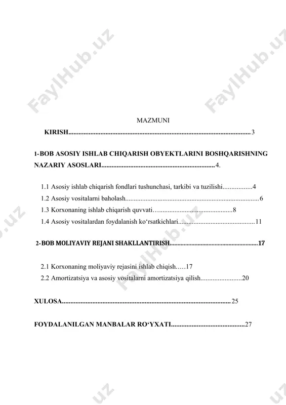 ishda quyidagi tadqiqot usullaridan foydalanilgan: tahlil, sintez, mantiqiy, dialektik, nazariy, modellashtirish, matematik. kurs ishi kirish, ikki bob, xulosa va foydalanilgan manbalar ro‘yxatidan iborat. birinchi bobda mavzuning nazariy ahamiyati ochib berilgan. ishda rus mualliflarining (v.ya.gorfinkel, a.p.aksenov, l.n.chechevitsyna tomonidan tahrirlangan) asarlaridan foydalanilgan, rossiya federatsiyasi qonunchiligi hisobga olingan, shuningdek, internet manbalari materiallaridan foydalanilgan. 1-bob asosiy ishlab chiqarish obyektlarini boshqarishning nazariy askoktlari. 1.1 asosiy ishlab chiqarish fondlari tushunchasi, tarkibi va tuzilishi ishlab chiqarish jarayonining asosiy omillari mehnat va ishlab chiqarish vositalaridir. mehnat vositalari asosiy ishlab chiqarish fondlarining moddiy asosini tashkil qiladi. asosiy ishlab chiqarish fondlari ishlab chiqarish vositalarining bir qator ishlab chiqarish sikllarida to‘liq ishtirok etuvchi, o‘zining to‘liq tabiiy shaklini saqlab qolgan holda, qiymatga ega bo‘lgan va uni asta-sekin yangi yaratilgan mahsulotga o‘tkazadigan qismidir. asosiy vositalar quyidagi tuzilishga ega [9, b. 45]. asosiy vositalar asosiy noishlab chiqarish aktivlari asosiy ishlab chiqarish aktivlari 1-rasm – asosiy vositalarpassiv qism faol qism asosiy ishlab chiqarish fondlarining faol …