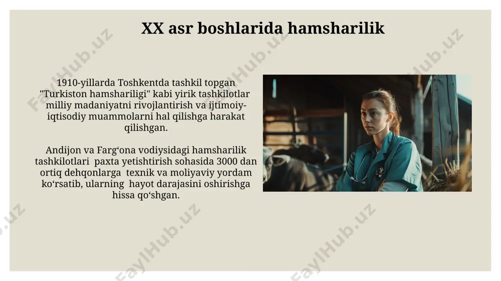 sida 50/50 taqsimot kuzatiladi, bu esa an'anaviy oilalarga nisbatan yangi yondashuv hisoblanadi. sovet davrida hamsharilikka ta'siri 1930-1980 йиллар оралиғида ҳамширалик соҳасига илмий-техник тараққиётнинг таъсири билан янги тиббий асбоб-ускуналар, антибиотик дорилар ва самарали даволаш усуллари жорий этилди. совет даврида ҳамширалик таълимига давлат томонидан 20 дан ортиқ янги ўқув юртлари ташкил этилиб, минглаб мутахассислар тайёрланди, хусусан тошкент ва самарқанд шаҳарларида. qadimgi davrlardagi hamsharilik munosabatlari mesopotamiya shahar-davlatlarida, miloddan avvalgi 2500-yillarda, hamsharilik munosabatlari asosan qabilaviy va diniy an'analarga asoslangan bo'lib, hududlarni himoya qilish va suv resurslarini taqsimlashda muhim rol o'ynagan. qadimgi misrda, taxminan 3000 yil avval, nil daryosi bo'ylarida joylashgan qishloqlar o'rtasida murakkab hamsharilik tizimi mavjud bo'lib, ular o'zaro yordam va resurslar almashinuvi orqali omon qolishgan. hamsharilik oilasi va zamonaviy dunyo toshkent shahridan kelib chiqqan hamsharilik oilasi tarixiy jihatdan savdo va hunarmandchilik bilan shug'ullangan bo'lib, bu an'analar bugungi kunda ham 7 avlod davomida saqlanib kelmoqda, yangi biznes loyihalarini amalga oshirishda qo'llanilmoqda. 20-asrning ikkinchi yarmidan …