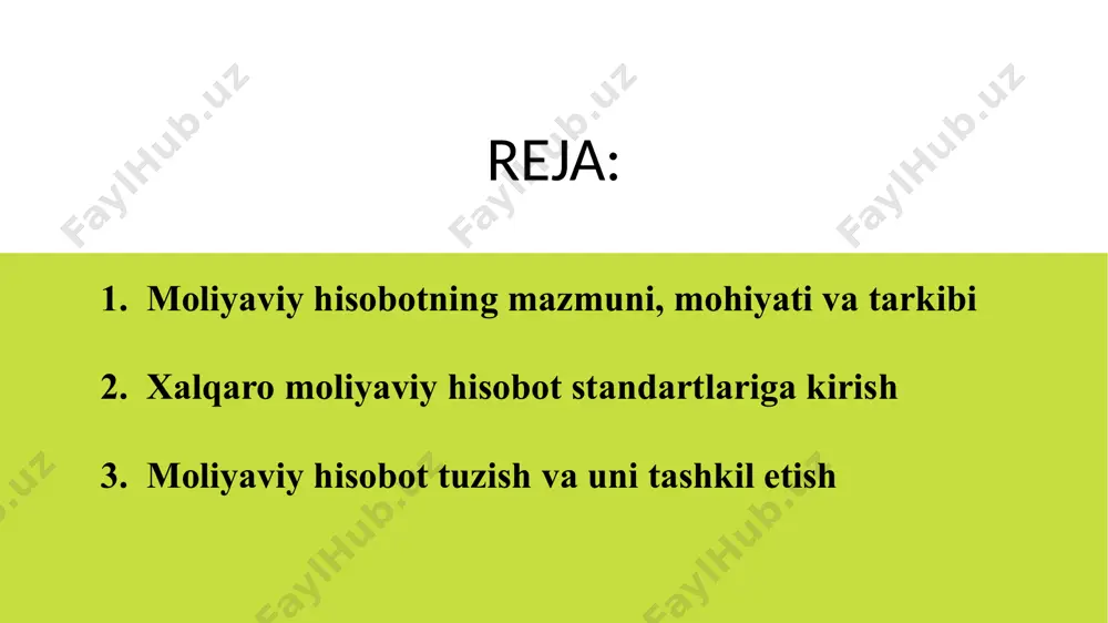 ngi yilning 31- dekabrigacha bo’lgan davrni birinchi hisobot yili deb hisoblashga ruxsat beriladi; korxonalar choraklik va yillik buxgalteriya hisobotlarini o’zbekiston respublikasi moliya vazirligi tomonidan belgilangan muddatlarda topshiradilar. hisobot rahbar va bosh buxgalter tomonidan imzolanadi va korxonaning xo’jalik faoliyati natijalari, mulkiy va moliyaviy holati to’g’risidagi yillik buxgalteriya hisobotidan foydalanuvchilar uchun ochiq bo’lib matbulotda e’lon etilishi mumkin. e’lon qilingan hisobotning to’g’riligi mustaqil auditorlik tashkiloti tomonidan tasdiqlanadi. balans chorak va yillik hisobot tarkibiga kiritiladi. bu «netto» nomli balans bo’lib, foydalanuvchilarga korxonaning sof qiymatining hajmi to’g’risida axborot beradi, chunki mulkning qiymati jami ko’rsatkichga quyidagi moddalar bo’yicha eskirishini chiqarib tashlab ko’rsatiladi: asosiy vositalar, nomoddiy aktivlar va boshqalar, foyda summasi esa, jamiga faqat hisobot davrida taqsimlanmagan foyda hajmiga qo’shiladi. shu’ba korxonalari, filiallar va vakilliklariga ega bo’lgan korxonalar konsolidallashgan moliyaviy hisobot tuzadi. shu’ba korxonalarga qo’yilgan qo’yilmalar bosh korxonaning moliyaviy hisobotida uning moliyaviy qo’yilmalari sifatida aks ettiriladi. yuridik shaxslar o’zlarining filiallari, vakilliklari va boshqa strukturoviy bo’linmalarini mustaqil balansga …