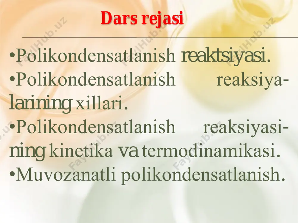 рлар поликонденсация реакцияларига мос келади? demak, monomer tarkibida bir-biri bilan kimyoviy ta'sirlasha oladigan kamida ikkita turli funktsional guruh bo'lishi kerak yoki har birida boshqa monomer guruhlari bilan kimyoviy ta'sirlasha oladigan ikkita bir xil guruh mavjud bo'lgan ikki turdagi monomerlar bo'lishi kerak. капрон кислота поликапрон кислота этиленгликоль терефтал кислота поликонденсация поликонденсация –икки ѐки ундан ортиқ функционал гуруҳ тутган бирикмаларни функционал гуруҳларини босқичли таъсирлашуви натижасида полимерлар ҳосил бўлиш жараѐнидир. поликонденсатланиш реакцияларида иштирок этаѐтган мономерлар сонига қараб қуйидаги турларга бўлинади полиамидлар оддий полиэфирлар мономер молекуласида бир-бири билан реакцияга кириша оладиган функционал гуруҳлар бўлса, бир тур мономернинг ўз-ўзича конден- сатланиши гомополиконденсатция дейилади. гетерополиконденсация (2 ва ундан ортиқ мономерлар) полиамидлар мураккаб эфирлар мономерларнинг ҳар бири иккитадан кам бўлмаган бир турдаги функционал гуруҳлар тутган бўлса, булар орасидаги реакция гетерополиконденсат- ция дейилади. oh r oh + oh r" oh o r o r" + n h2on оддий полиэфирлар полиамидлар nh2 r" coohnh2 r cooh + nh r …