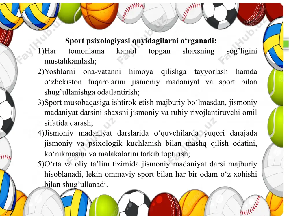 ir sport turi, muayyan mashg'ulot yoki tsikl, musobaqalar yoki muayyan musobaqa va sport rejimi uchun tanlash bilan bog'liq bo'lishi mumkin. psixologik-pedagogik va psixogigienik tavsiyalar talabalarni ma'lum bir sport turi, muayyan mashg'ulot yoki tsikl, musobaqalar yoki muayyan musobaqa va sport rejimi uchun belgilash bilan bog'liq bo'lishi mumkin. sport faoliyatining motivlari. motiv psixologik tushuncha bo‘lib, inson ichki sifatlarining aniq bir faoliyat turiga nisbatan uyg’onishidir. motivlar har xil bo‘ladi: sport musobaqalarining faoliyat motivlari; axloqiylik, intizomlilik motivlari (burch, vatanparvarlik); ishontirish motivlari; sportchining raqibiga munosabat motivlari; murabbiy va tomoshabinlarga bo‘lgan motivlar; musobaqalashish motivlari; tozalik motivlari; maqtash, rag’batlantirish motivlari kabilar. psixologik -pedagogik va psixogigienik tavsiyalar talabalarni ma'lum bir sport turi, muayyan mashg'ulot yoki tsikl, musobaqalar yoki ma'lum musobaqa va sport rejimi uchun bog'liq bo'lishi mumkin. в.м.мельников схема usullar ikkita guruhini ajratadi: 1) heteroregulyatsion (oddiy hushyorlik holatida yoki ongning o'zgargan holatida amalga oshirilishi mumkin - gipnoz); 2) avtoregulyatsiya (bular o'z-o'zini tartibga solish usullari). geteroregulyatsiya usullari. taklifning og'zaki …