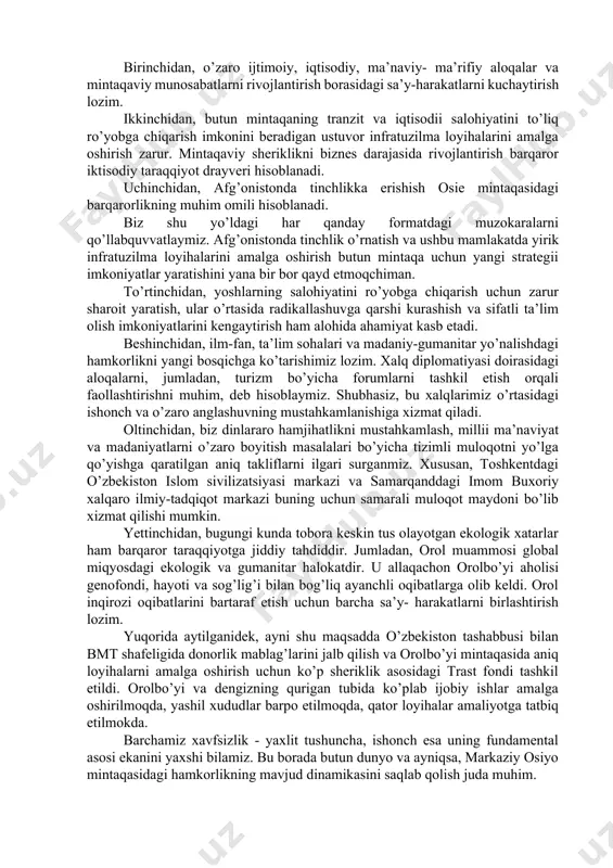 yalarning noqonuniy savdosi barqarorlik va xavfsizlikka tahdid solishi mumkin bo’lgan jinoiy faoliyatdir. chegaralarning ochiqligi, odamlarning erkin harakatlari, savdo aloqalarining keng yo’lga qo’yilishi xalqaro hamkorlik uchun foydalidir, ammo noqonuniy migratsiya o’sib borayotgani tahdidlarga sabab bo’layotganidan ham ko’z yumib bo’lmaydi. kam sonli millatlarga mansub shaxslar xuquqlarining muntazam ravishda buzilishi va murosasizlik bilan bog’liq amaliyotlar nafaqat fuqarolar xavfsizligiga tahdid solmoqda, balki yanada kattaroq mojaro va zo’ravonliklarga olib kelayotganini barchamiz kuzatmoqdamiz. bu etnik va diniy nizolar tajovuzkor millatchilik, shovinizm va ksenofobiya kabi hodisalar zamirida, shuningdek, irqchilik, antisemitizm va ekstremizm asosida paydo bo’lmoqda. shu bilan birga, ijtimoiy-iqtisodiy tengsizlikning chuqurlashuvi, qonun ustuvorligining ta’minlanmagani, davlat va korporativ boshqaruvning zaifligi, poraxo’rlik, ommaviy qashshoqlik va yuqori darajadagi ishsizlik mamlakatlarning xavfsizligi va barqarorligiga jiddii ta’sir ko’rsatmoqda. ular boshqajiddiy tahdidlaruchun zamin yaratmoqda. atrof-muhit muvozanatining buzilishi, tabiiy resurslardan nomutanosib foydalanish, chiqindilarga beparvo munosabatda bo’lish va ifloslanish ekotizimlarga va aholi salomatligi va farovonligiga, barqarorlik va davlatlar xavfsizligiga ta’sir qilib, salbiy oqibatlarga olib kelmoqda. …