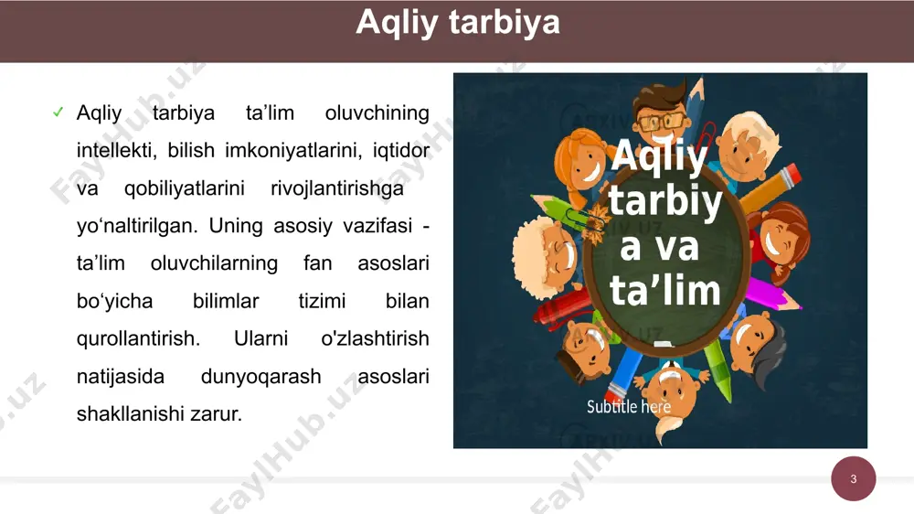 morfologik va funksional rivojlanishini jamiyat talablari darajasida amalga oshirish, jismoniy sifatlarni, qobiliyatlarni rivojlantirish, jismoniy madaniyat va sport sohasiga taalluqli maxsus bilimlarni o‘zlashtirib olish tushuniladi. jismoniy tarbiya - o’quvchilarning jismoniy va sportga oid faoliyatlarini maqsadga yo‘naltirilgan, aniq tashkil etiladigan va rejali tarzda amalga oshirish tizimi. ‹#› estetik tarbiya - o’quvchilarda estetik his-tuyg‘u, estetik ong va munosabatni shakllantirishga qaratilgan tarbiyaning alohida shakli. estetik tarbiya - bu estetik jihatdan rivojlangan va ijodiy faol bo'lgan inson shaxsini shakllantirish jarayoni. estetik tarbiya insonparvar mohiyatga, estetik orzuga mos keladigan voqelikni idrok etish, baholash va nafosat qonunlari asosida qayta yaratishga qodir bo'lgan inson shaxsini shakllantirishga mo‘ljallangan tarbiya sohasidir. estetik tarbiyaning maqsadi: o’quvchilarda shaxsning har tomonlama rivojlanishi uchun zarur bo'lgan axloqiy-estetik, insonparvarlik ideallarini, go'zallikni ko'ra olish, his qilish, tushunish va yaratish ko'nikmalarini shakllantirish. ‹#› “ekologiya” tushunchasi ilk bor nemis zoologi e.gekkel tomonidan qo‘llanilgan. ekologik tarbiya ijtimoiy tarbiyaning muhim tarkibiy qismi hisoblanadi. ekologik tarbiya (grekcha “oikos” -joy, makon, “logos” …