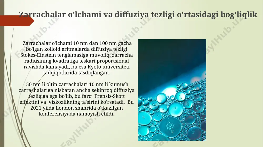 kolloid eritmalardagi difuzya tezligi bilan zarachalarninig o'lchamlari orasdagi bog'lanish - Page 5