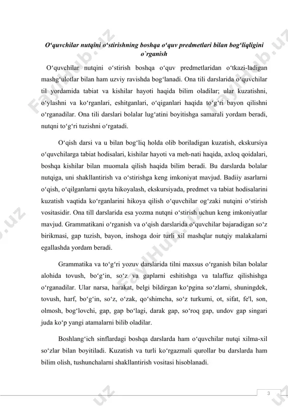 m oʻquvchilar nutqi xilma-xil soʻzlar bilan boyitiladi. kuzatish va turli koʻrgazmali qurollar bu darslarda ham bilim olish, tushunchalarni shakllantirish vositasi hisoblanadi. matematika darslarida bolalar yangi tasawur va tushunchalar, juda koʻp soʻz va atamalar bilan oʻz nutqlarini boyitadilar, sodda va qoʻshma gap tuzishga oʻrganadilar: 5 soni 3 sonidan katta (5 > 3) yoki uch soni besh sonidan-kichik (3 < 5); bitta oʻnlikka ikkita oʻnlik va 5 ta birlikni qoʻshsak, uchta oʻnlik va 5 ta birlik hosil boʻladi (10 + 25 = 35) va hokazo. masala echish jarayonida esa ular shu vaqtgacha oʻz nutqlarida ishlatib kelgan boʻladi, qoladi, hosil boʻladi, teng kabi soʻzlarning yangi ma’nosini bilib oladilar; ...bizga ma’turn, masalada soʻralyapti kabi soʻz birikmalarini ishlatishga oʻrganadilar. matematika darslari oʻquvchilarning bogʻlanishli nutqini oʻstirishda muhim ahamiyatga ega. ular masalani yechishda savolga toʻliq javob berishga, atamalarni toʻgʻri ishlatib, qoidalarni oʻz saviyalariga mos ravishda aniq shakllantirishga oʻrgatiladi. bular, oʻz navbatida, oʻquvchilar nutqini boyitish va faollashtirish vositasi …