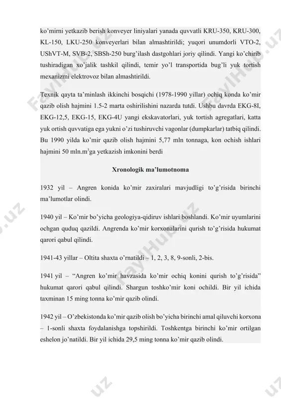 , ijtimoiy va kommunal, o’quv sohalari, aholi ham qattiq yonilg’iga talabni yuzaga keltiradi. hozirgi vaqtda ko’mirning katta qismi angren kul rang ko’mir konidan qazib olinadi. shuningdek “shargunko’mir” ko’mir tarmog’i tarkibida surxondaryo viloyatida toshko’mir konlarini qazib olmoqda. hozirgi vaqtda ko’mir tarmog’ini ustuvor rivojlantirish doirasida asosiy vazifalar quyidagilardan iborat: – zamonaviy tog’-kon transport texnikasi qo’llanilishi, ko’mir sanoati korxonalarini modernizatsiyalash, tiklash va texnik qayta ta’minlash, elektr energiya ishlab chiqarish tarkibida ko’mir hissasini ko’paytirish hisobiga ko’mir qazib olishni bosqichma-bosqich oshirish; – yuqori qo’shimcha qiymatli yakuniy mahsulot olish uchun ko’mirni qayta ishlashning ustuvor yo’nalishlarini tanlash; – aholiga va byudjet tashkilotlariga yetkazib beriladigan ko’mir qazib olish hajmlarini va sifatini oshirish; – ko’mir tarmog’i korxonalarining moliyaviy barqarorligini ta’minlash, operatsion chiqimlar, debitorlik va kreditorlik qarzlari kamaytirilishini ta’minlaydigan moliya mexanizmlarini joriy qilish, moddiy-texnik yangilanish va rivojlanish uchun vositalar bilan ta’minlash; – istiqbolli zonalarda geologiya-qidiruv ishlarini o’tkazish asosida ko’mir xom ashyosining zaxira bazasini oshirish; – ko’mir tarmog’ini malakali kadrlar bilan …