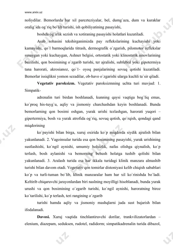 ankvilizatorlardan – elenium, diazepam, seduksen, rudotel, radidorm; simpatikadrenalin turida dibazol, papaverin, aminazin; vagoinsular xurujida kofein, kordiamin; bosh og`riq, bosh aylanishga bellaspon, betatserk, bellataminal 1 tabletkadan 3 mahal beriladi. vitaminlar, psixotrop dorilar: amitriptilin, sonapaks; astenik depressiyada glitsin, mellipramin 0,025 g 1 ta tabletkadan kuniga 3 mahal, nuredal; bulardan tashqari, retabolil, at f, nikotin kislota buyuriladi. desensibillovchi dorilardan diazolin 0,05 g, tavegil 1 ta tabletkadan 3 mahal, ovqatdan keyin buyuriladi. tinchlantiruvchi dorilardan natriy brom, valerian dorilari tavsiya etiladi. oldini olish choralaridan dam olish, ovqatlanish va mehnat qilish qoidalariga rioya qilish, oilada, ishda aqliy va jismoniy mehnatni to`g`ri yo`lga qo`yish, chekish va ichishga yo`l qo`ymaslik hamda badantarbiya mashqlari bilan shug`ullanish tavsiya etiladi. migren -migren juda keng tarqalgan kasallik bo`lib, xurujsimon bosh og`riq (ko`pincha boshning bir tomonida) bilan birga, qusish va teri rangining oqarishi bilan xarakterlanadi. migren 6 % aholida uchraydigan kasallik, ko`proq xotin-qizlarda kuzatiladi, asosan, nasldan autosomdominant xilida o`tadi. kasallikning kelib chiqish sababi …