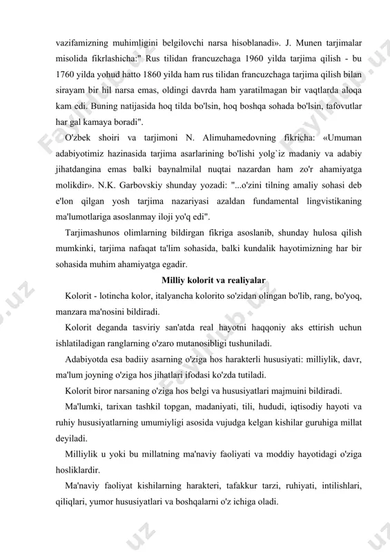 majmuini bildiradi. ma'lumki, tarixan tashkil topgan, madaniyati, tili, hududi, iqtisodiy hayoti va ruhiy hususiyatlarning umumiyligi asosida vujudga kelgan kishilar guruhiga millat deyiladi. milliylik u yoki bu millatning ma'naviy faoliyati va moddiy hayotidagi o'ziga hosliklardir. ma'naviy faoliyat kishilarning harakteri, tafakkur tarzi, ruhiyati, intilishlari, qiliqlari, yumor hususiyatlari va boshqalarni o'z ichiga oladi. moddiy hayot esa urf-odat, rasm-rusum, marosimlar, kiyimlar, uy-ro'zg`or anjomlari, cholg`u asboblari, pazandachilik, ismlar va hokazolar. badiiy asarda aks etgan ana shu milliy hususiyatlar yig`indisi adabiyotshunoslikda milliy kolorit deyiladi. adabiyotshunoslikda yana mahalliy kolorit degan tushuncha ham mavjud. mahalliy kolorit - biror mahalliy sharoit, urf-odat yoki joyga hos turmush, peyzaj va til hususiyatlarini badiiy adabiyotda aks ettirish. ana shu milliy kolorit bilan bog`liq bo'lgan so'z va atamalar realiylar, boshqacha aytganda, milliy hos so'zlar deyiladi. realiya lotincha so'z bo'lib, buyumga, narsaga oid degan ma'noni bildiradi. “realiyalar asar tilining ajralmas qismi bo'lib, ular yordamida muallif qahramon obrazini yaratadi,xalqning milliy hususiyatini tasvirlab beradi. ular badiiy …