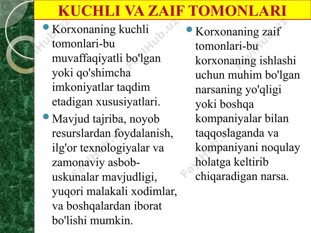 , fikr manbalari, puxta o'rganish, mahsulotlar va texnologiyalarni skanerlash va nusxalash, kichik narsalarni kiritish. benchmarking maqsadi va vazifalari benchmarkingning maqsadi boshqalarning tajribasini qabul qilishni o'rganishdir. qiyoslash vazifasi raqobatchilarning etakchi mavqeiga ega bo'lishining o'ziga xos afzalliklari bilan tushunish. tarmoqda takomillashtirish dinamikasini kuzatib borish, hamma narsani o’ziga olish va tezda amalga oshirish. benchmarking kachon foydalaniladi benchmarking asosan taniqli rahbarlarning jarayonlari va ko'rsatkichlarini taqqoslash uchun ishlatiladi. shu asosda, tashkilot va uning eng muvaffaqiyatli raqibi o'rtasidagi ko'rsatkichlardagi farq baholanadi. odatda benchmarking uchun eng umumiy jarayonlar qo'llaniladi: texnologiyalarni takomillashtirish, yangi mahsulotlarni ishlab chiqish, logistika. strategik benchmarking raqobatda pozitsiyalarini mustahkamlash maqsadida mehnat unumdorligini keskin oshirish va ishlab chiqarish hajmini oshirish uchun foydalaniladi. buning uchun kompaniya keskin o’sishi kerak. strategik benchmarking strategik benchmarking bir necha usullar bilan amalga oshirilishi mumkin, xususan: tashkilotning o'z strategiyasi va moliyaviy ko'rsatkichlarini raqobatchilarning strategiyasi va ko'rsatkichlari bilan taqqoslash; strategik benchmarking raqobatchilarning kuchli va zaif tomonlarini tahlil qilish va shu asosda tashkilotning raqobatchilardan …
