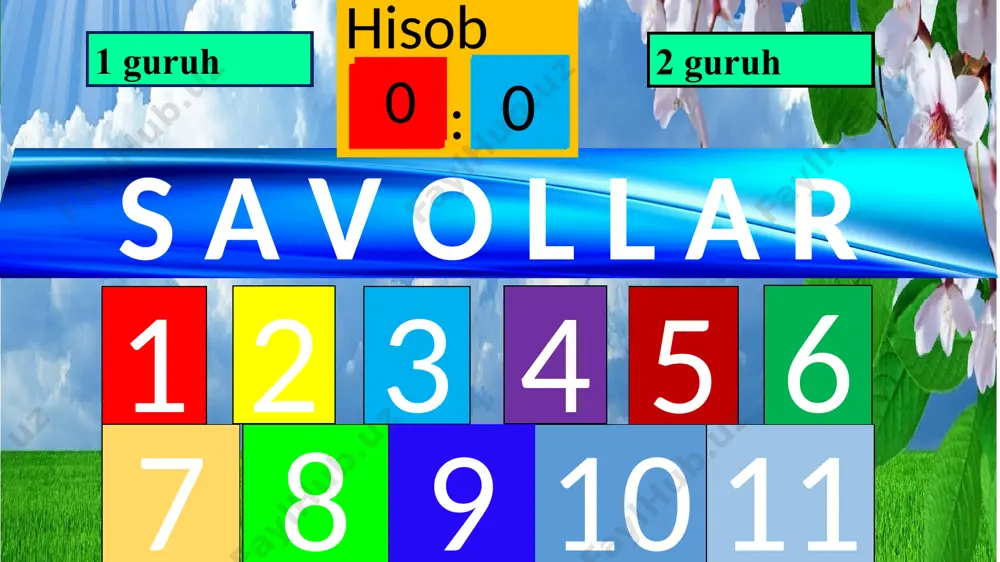 oskorlar” ni ayting bosh sahifa 60 10 20 30 50 40 vaqt boshlash vaqt tugadi javob 9.qaysi idish birinchi bo’lib suvga to’ladi? f bosh sahifa 60 10 20 30 50 40 vaqt boshlash vaqt tugadi javob 10.qanday holatda 3 ta yosh bola , 4 ta katta yoshli odam, 1 ta mushuk va 1 ta it 1ta soyabon tagida turib , yomg’ir ostida nam bo’lmaydi yomg’ir yog’magan vaqtda bosh sahifa 60 10 20 30 50 40 vaqt boshlash vaqt tugadi javob 11. отаси эгри бугри, онаси силлиқ жувон, ўғли қўшиқчи, қизи ўйинчи. бу топишмоқда 4 та нарса сўралади, хаммаси бир-бирига боғлиқ, биттасини топсангиз, қолганлари чиқиб келади! сиз жавобни биласизми? ariq,suv,baqa,baliq etiboringiz uchun raxmat media1.mp3 image2.jpeg image3.jpeg image4.png image6.png image7.jpeg audio1.wav image5.jpeg audio2.wav image8.jpeg image9.jpeg image10.png image11.png image12.png image1.jpeg zakovat intellektual ko'rsatuvi madhiyasi zakovat intellektual ko'rsatuvi madhiyasi @kanallani_dodasi 2014 [www.voydod.net] 215.26218 eng - (+998933850064) windows 10 /docprops/thumbnail.jpeg