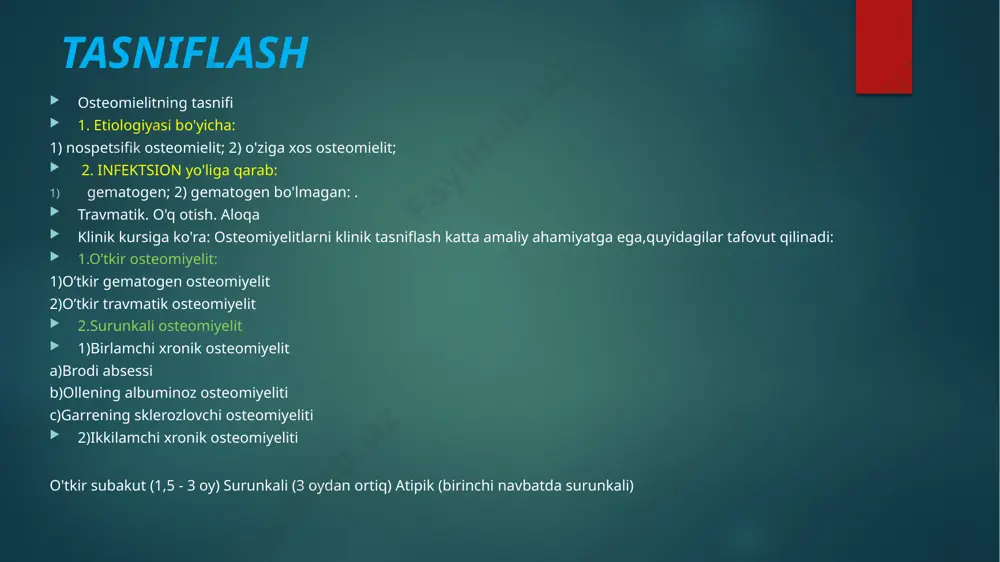 kerak bo'ladi. ajralib turadigan sekvestrlarning mavjudligi tiklanish jarayonining surunkali shaklga o'tishini ko'rib chiqadi. sekvestrlarning turlari: kortikal (kortikal) - periosteum ostida nozik suyak plastinkasining nekrotizatsiyasi bilan. markaziy-suyakning endostal yuzasining nekrozida. penetratsion-nekroz bilan suyakning cheklangan qismida ixcham qatlamdan butun qalinroq. total-uning atrofida, ba'zan suyak bo'ylab quvurli suyakning nekrotizatsiyasi bilan. dairesel (koronal) - butun doira bo'ylab diaphiz nekrozi bilan, lekin uzunligi kichik bir sohada (tor halqa shaklida sekvestr). spongy - uzoq quvurli yoki tekis suyaklarning shimgichni to'qimasini nekroz bilan. ko'pincha markaziy, kortikal va penetratsion sekantrlar mavjud. sekvestr suyak bo'shlig'ida yoki undan tashqarida to'liq yoki qisman bo'lishi mumkin, yumshoq to'qimalarda, suyak bo'shlig'i atrofidagi sekretsiya bilan birga, sekvetral kapsül (quti) hosil bo'ladi, uning ichida odatda sekans va yiring mavjud; kapsulaning ichki devorlari granulalar bilan qoplangan. tasdiqlash ko'pincha mrt bilan sodir bo'ladi. t2 ketma-ketligida ko'tarilgan signal sifatida tashxis qo'yilgan shishning mavjudligi sezgir, ammo o'ziga xos emas, chunki shish qo'shni selülitga javoban paydo bo'lishi mumkin. t1 ketma-ketligini …