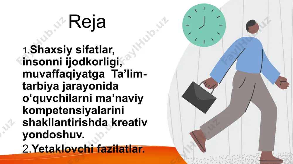 amoaga yoyishi, shuningdek, jamoaning maqsadlariga erishish uchun ularga motivatsiya berishi muhim. moslashuvchanlik yetakchi o‘zgaruvchan sharoitlarga tez moslashishi va yangi muammolarga javob bera olish qobiliyatiga ega bo‘lishi kerak. boshqaruvda elastiklik va o‘zgarishlarga tayyorlik muvaffaqiyatning asosiy omillaridan biridir. adolat va axloq yetakchi har doim adolatli va axloqiy printsiplarga amal qilishga intiladi. u boshqarayotgan jamoa a'zolariga to‘g‘ri va halol munosabatda bo‘lishi zarur. adabiyotlar 1.muslimov n.a., usmonboyeva m.h., sayfurov d.m., to‘rayev a.b. innovasion ta’lim texnologiyalari. o‘quv metodik qo‘llanma – t “sano standart” nashriyoti, 2015. – 81-b 2.muslimov n.a., va boshqalar. kasb ta’limi o'qituvchilarining kasbiy kompetentligini. 3.shakllantirish texnologiyasi. monografiya.“fan va texnologiy” nashriyoti, t.: 2013-. y. 300-bet. okhunov,m., & minamatov, y. (2021). application of innovative projects in. information systems. 4.european journal of life safety and stability (2660 -9630), 11, -168.bet 5.m.x.toxtaxodjayeva va b. prof. m.x.toxtaxodjayevaning umumiy tahriri ostida pedagogika nazariyasi / otm uchun darslik. – t.:“iqtisod-moiya”, 2010. – 140-b 6.mirziyoyev shavkat miromonovich. qonun ustuvorligi va inson …