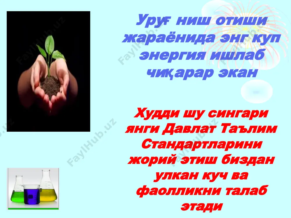 al yoki ishqoriy muhit tomoniga siljishi oshqozon kasalligiga sabab bo’ladi. . oshqozonda ph-1.73 terida ph-6.2-7,5 qonda ph-7.35-7,45 jigarda ph-6.6-7.4 * . darsni mustaxkamlash 0 1 2 3 4 5 6 7 8 9 10 11 12 ishqoriy neytral kislotali 13 14 * . …aqliy hujum 1-savol. gidroliz deb nimaga aytiladi?gidroliz so’zining ma’nosi qanday? 2-savol. qanday tuzlar gidrolizga uchraydi?nima uchun? 3-savol feso4 va na2sio3 tuzlari gidrolizlansa eritma muhiti qanday bo’ladi? * . . k2co3 nodirning onasi ertalab turib kir yuvdi. nodir maktabga ketaetib onasining ko’llaridan ushlab, qo’llarini terisi yumshaganligini va oqarganligini sababini so’radi? siz nima deb o’ylaysiz,nima uchun kir yuvganda qo’l terisi yumshab,oqaradi? bir o’ylab ko’ringchi? . . k2co3 kozimning bobosi har yili kartoshka hosilga o’tirmasidan oldin go’ng solib sug’orib chiqadi.tuproqqa go’ng solgandan keyin kartoshka yanayam chiroyli bo’lib,gurkirab o’sdi va xosili mo’l bo’ldi.bunga sabab nima deb o’ylaysiz? sizga savolim bor!! juft kolbalar . d nh4cl na2so4 kno3 agno3 k2co3 na2s al2s3 …