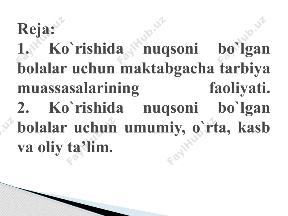 dan iborat: - ilk va maktabgacha yoshdagi bolalar rivojlanishiga qoʻyiladigan davlat talablariga, shuningdek, ular asosida ishlab chiqilgan ta’lim-tarbiya va korreksion ishlarni tashkil etish dasturlariga muvofiq tarbiyalanuvchilarga ta’lim-tarbiya va korreksiya-pedagogik yordam berilishini ta’minlash; - bolalarda vatanga muhabbat, oilaga hurmat bilan munosabatda boʻlish, milliy qadriyatlar va urf-odatlarga hurmat, oʻziga va atrof-muhitga ongli munosabatda boʻlish ruhida tarbiyalash; - tibbiy abilitatsiya va reabilitatsiya oʻtkazish, bolalar rivojlanishidagi nuqsonlarni kompensatsiya va korreksiya qilish; - bolalarga sifatli maktabgacha ta’lim va tarbiya olish imkonini beradigan shart-sharoitlar yaratish; - bolalarning ijtimoiy moslashuvchanligini hamda ta’lim va tarbiya olishni davom ettirishga tayyorligini ta’minlash; - bolalarni umumta’lim muassasalarida oʻqishga tayyorlash; - oʻquv jarayoniga zamonaviy ta’lim dasturlari va texnologiyalarni joriy etish. ixtisoslashtirilgan maktabgacha tashkilotlarga bolalarni qabul qilish: oʻzbekiston respublikasi sog‘liqni saqlash vazirligi tomonidan tasdiqlangan shakl boʻyicha bolaning tibbiy kartasi va profilaktik emlash kartasi asosida amalga oshiriladi oʻzbekiston respublikasi sog‘liqni saqlash vazirligi tomonidan tasdiqlangan shakl boʻyicha bolaning tibbiy kartasi va profilaktik emlash kartasi asosida …