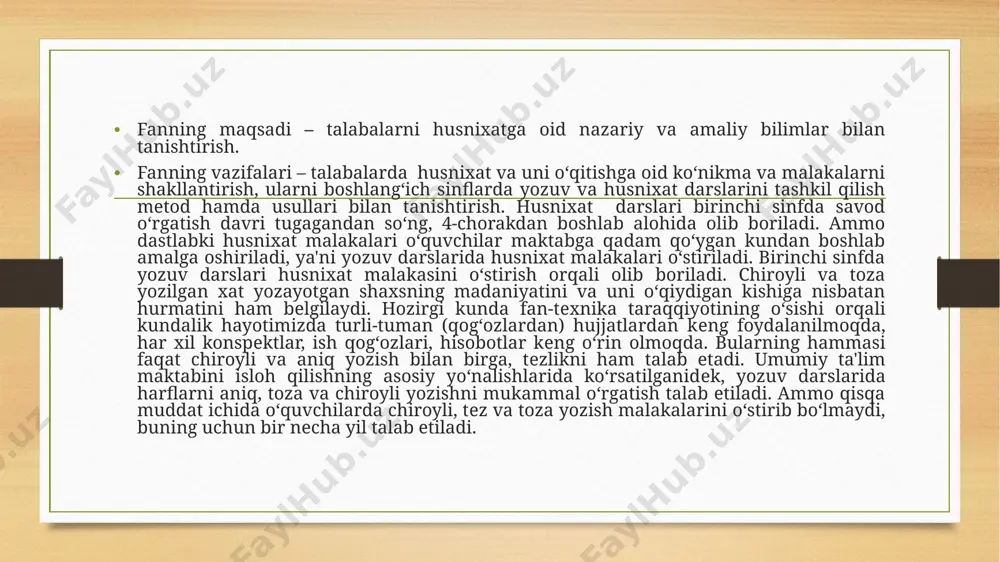 i bir xil balandlikda va kеnglikda tеkis yozishga o‘rgatish. daftar chiziqidagi qatorlarni to‘g‘ri to‘ldirish, sarlavha, oy va kunlarni to‘g‘ri yozish; harflarning qiyaligini to‘g‘ri saqlash. boshlang‘ich sinf o‘quvchilarini chiroyli yozuvga o‘rgatishdan oldin esa quyidagi malakalarni bеrish lozim: 1. yozuv tеxnikasi, ya'ni yozuv qoidalari va yozuv qurollaridan to‘g‘ri foydalanish. 2. grafik malakalarni egallash – harflar shaklini to‘g‘ri ifodalash. 3. imloviy malakalarni egallash – yozuv vaqtida harflarning shakli bilan bir qatorda uning qanday tovushni bildirishini ham bilish. husnixat o‘qitish metodikasi fanining boshqa fanlar bilan aloqasi. husnixat o‘qitish metodikasi fani bir qator boshqa fanlar bilan chambarchas bog‘liq. estetika, fiziologiya, gigiyena, tilshunoslik kabi fanlar bilan bog‘liq bo‘lib, o‘quvchilarda go‘zallikka bo‘lgan qiziqishlarini o‘stiradi. chiroyli yozish ham go‘zallikning bir ko‘rinishidir. sharq mutaffakkirlaridan biri bunday degan ekanlar: “chiroyli yozgan odam chiroyli fikrlay oladi”. darhaqiqat, o‘quvchi maktabga kelgan kunidan boshlab chiroyli yozuv malakalari haqida tanisha boshlaydi. bundan tashqari, o‘quvchini chiroyli yozuvga o‘rgatish jarayonida bolaning har tomonlama nerv sistemasi, qo‘l …