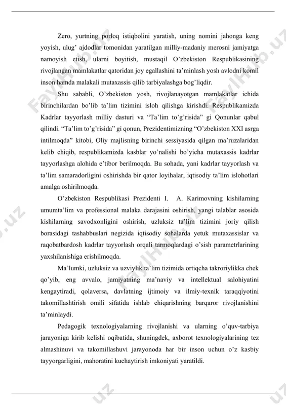 a, shuningdek, axborot texnologiyalarining tez almashinuvi va takomillashuvi jarayonoda har bir inson uchun o’z kasbiy tayyorgarligini, mahoratini kuchaytirish imkoniyati yaratildi. ta’limning barcha bosqichlariga oid umumiy pedagogik va didaktik talab talaba (yoki o’quvchi) ning dasturiy bilim, tasavvur va ko’nikmalari asosida mustaqil ishlash samaradorligini takomillashtirish, ilmiy fikrlashga, o’quv faniga qiziqishni kuchaytirish, kasbiy bilimlarini faolligini oshirishdan iboratdir. iqtisodiy ta’limda pedagogika tajribasi, zamonaviy pedagogik texnologiyalarining talaba (yoki o’quvchi) larning fanlarga qiziqtirishga, ularning mustaqil ishlashda faolliklarini oshirishda cheksiz ekanligi tasdiqlanmoqda. ta’limning bugungi vazifasi o’quvchilarni kun-sayin oshib borayotgan axborot ta’lim muhiti sharoitida mustaqil faoliyat ko’rsata olishga, axborot oqimidan oqilona foydalanishga o’rgatishdan iboratdir. buning uchun ularga uzluksiz ravishda mustaqil ishlash imkoniyati va sharoitini yaratib berish zarur. shu sababli, ta’lim jarayonini texnologiyalashtirish, aniq vazifalarni qo’ygan holda, dars mashg’ulotlarinining usul va vositalarini to’g’ri tanlash orqali shaxsning intellektual salohiyati va ijodiy qobiliyatini rivojlantirish, jamiyatdagi har bir fuqaroning bilim va malakasini oshirish, tezkor ta’lim uchun shartsharoit yaratish mumkin. yuqoridagilardan kelib chiqqan …