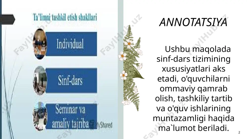 s tizimining afzalliklari va kamchiliklari ko'rsatib beriladi. ular quyidagilar: “ ” 7 -yaxlit o'quv -tarbiyaviy jarayonning tartibli ketishini ta'minlovchi aniq tashkiliy tizim ; -jarayonlarning oddiy boshqarilishi ; -muammoning jamoa bo'lib muhokama qilinishi , masalaning yechimini birgalikda izlash jarayonida ta'lim oluvchilar o'rtasida o'zaro munosabatlarning shakllanish imkoniyati; -ta'lim beruvchining ta'lim oluvchilar va ularning tarbiyasiga doimiy emotsional ta'sir ko'rsatishi ; -ta'limning emotsionalligi , o'quv faoliyatiga musobaqalashish elementlarini kiritish uchun sharoitning yaratilishi. 1 afzalliklari: - tizimning bilimlarni asosan o'rta darajada o'zlashtiruvchi ta`lim oluvchilar uchun mo'ljallanganligi, bo'sh o'zlashtiruvchi ta'lim oluvchilar uchun qiyinchiliklarning yuzaga kelishi va kuchli o'zlashtiruvchi ta`lim oluvchilarning qobiliyatlarining rivojlanish sur'atining ortga surilishi ; -ta'lim beruvchi uchun o'qitish mazmuni va o'qitish sur'atlari hamda metodlari bo'yicha individual ishlarni tashkil etish , shuningdek , ta'lim oluvchilarning individual xususiyatlarini hisobga olishda qiyinchiliklarni yuzaga kelishi ; -katta va kichik ta'lim oluvchilar o'rtasidagi munosabatlarning qaror topmasligi. 2 kamchiliklari : 1 darsning maqsadi va vazifalarining aniqligi hamda pedagogik jihatdan to'g'riligi. …