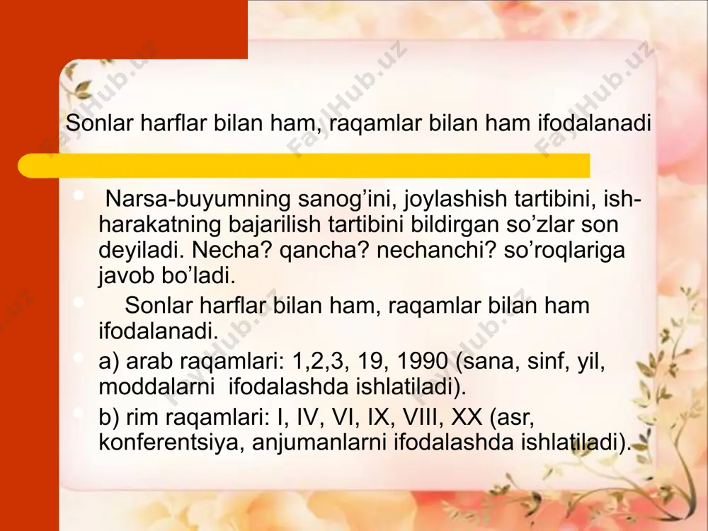 iz ozdan keyin shoir holvafurush tandiridan yangi uzilgan ikkita non bilan juda nafis ishlangan mis lagan kesma holva olib chiqdi: 4 kitob, 10 talaba. 1) otga bog’lanmaganda, son bog’langan sifatlarning ot tushib qolganda (otlashadi). turlanadi (2 xil tushunchani –miqdor, predmetni, tasavvurni aks ettiradi). (maqol, afforizm, hikmatli so’zlarda uchraydi). bilagi zo’r birni yiqar, bilimi zo’r mingni yiqar. (ikkoviga birov botolmas, otliqqa yayov yetolmas) 10 bir yonda, 100 bir yonda, botir yurar maydonda. son yasalish sistemasiga ega emas. otlashgan son fikrni stimistik jixatdan ixcham, obrazli ifodalash uchun xizmat qiladi. hamma turlari ham turlanmaydi, chamali son (-tacha, -lab) –lar, va kasr songa qo’shilmaydi. i shaxs birlik egalik sanoq son otlashgan formaga qo’shilmaydi: oltim, beshim. 2. son yasalish sistemasiga ega emas. 3. sonning turli modal formlarini hosil qilgan forma yasovchi qo’shimchalar bor, -ta, -tacha, -tadan, -ov kabi. sonning bu modal formalari predmetning to’dasini. taxminiy miqdorini, taqsimini, joylashish tartibini ko’rsatadi: beshtadan daftar, iii kurs, uchchala …