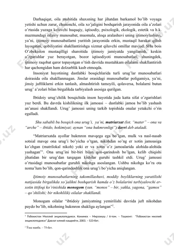 an, dam olish turli xillarda bo‘ladi, shu bilan birga dam olish va turmush faoliyati birgalikda olib boriladi; oila bolani har tomonlama (estetik, jismoniy, emotsional, mehnat) tarbiyalash bilan mashg‘ul bo‘ladi va sog‘lom turmush tarzini ta’minlaydi. agarda oilaning ma’naviy talablari rivojalanmagan, qiziqishlar doirasi tor bo'lsa, turmushi to'g'ri tashkil etilmagan, uyushmagan, oilani birlashtiruvchi birgalikda madaniy hordiq chiqarish va mehnat faoliyati bo‘lmasa, oila a’zolarining odobini boshqarish bo‘sh bo‘lsa, (huququy boshqarishda majburiyat metodlari ustun bo‘ladi): oilada nosog‘lom turmush tarzi olib borilsa, uning madaniyat darajasi past bo‘ladi. agarda oila madaniyati yuqori darajaliligining to‘la to‘plamiga ega bo‘lmasa-yu, lekin o‘zining madaniy darajasi muammolarini tushunib yetsa va uni oshirish yo‘nalishida faollik ko‘rsatsa, unda oilaning ijtimoiy-madaniy mavqei o‘rtachaligi haqida gapirish mumkin bo‘ladi. to'rtinchi ko'rsatkich - vaziyatli - rolli moslashish. bu moslashish oilada bolaga munosabat bilan bog‘liq bo‘ladi. bolaga oqilona ijobiy munosabatda bo‘lganda bolaning muammosini hal qilishda oilaning yuksak madaniyatliligi va faolligi bo‘lgan holda uning vaziyatli - rolli mavqei yuqori bo‘ladi: …