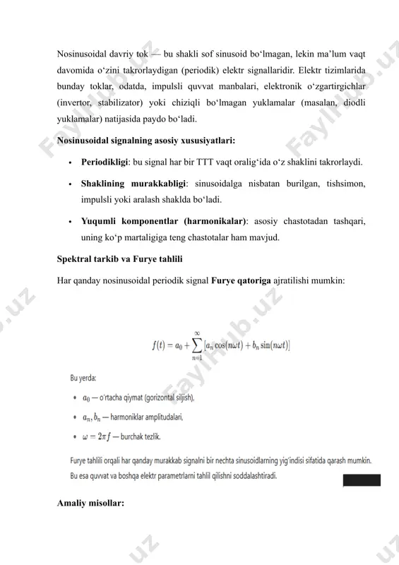 r yo‘nalishda o‘tadi va bu kuchlanish chegarasidan keyin keskin ortadi. 2. garmoniklar va spektral buzilishlar o‘zgaruvchan tok nochiziqli zanjirlarda asosiy sinusoidal signal bilan birga: · yuqori tartibli garmonikalar hosil bo‘ladi. · ular zanjirga yuk bo‘lib tushadi va energiya samaradorligini kamaytiradi. masalan, kommutatsion qurilmalarda (invertorlar, ups) harmoniklar issiqlik yo‘qotishlariga olib keladi. 3. matematik ifodalarning murakkabligi · zanjirni tavsiflovchi tenglamalar chiziqli emas bo‘lib, ularni qo‘lda yechish qiyin. · ko‘pincha, bu tenglamalar differensial yoki integral-differensial tenglamalar bo‘ladi. 4. yechimlar bir qiymatli emas nochiziqli tizimlarda: · yechimlar bir nechta bo‘lishi mumkin. · yechimlar barqaror emas – ya’ni, kichik o‘zgarishlar butun zanjir ishini izdan chiqarishi mumkin. 5. kompyuter modellashuvi zarur bunday zanjirlar uchun tahlilni amalga oshirishda: · spice, matlab simulink, multisim kabi dasturiy vositalar kerak bo‘ladi. · analitik usullar yetarli emas – numerik metodlar talab qilinadi. amaliy muammolar · transformatorda to‘yinish holatlari (magnetik to‘yinganlik). · diodli zanjirlarda noto‘g‘ri signal shakllari. · o‘zgaruvchan tok yuklamasi o‘zgarganida …