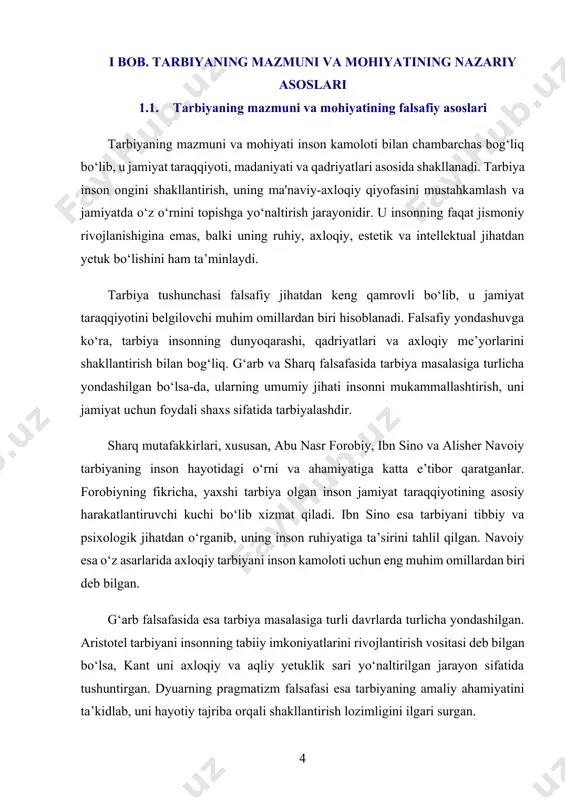 biri bo‘lib, uning mohiyati jamiyat va shaxs rivoji bilan uzviy bog‘liq. tarbiya orqali insonning aqliy, ma’naviy va jismoniy yetukligi shakllanadi, uning dunyoqarashi kengayadi, axloqiy qadriyatlari mustahkamlanadi. falsafiy nuqtayi nazardan qaraganda, tarbiya inson ongining shakllanishi, uning jamiyatdagi o‘rnini anglash va ijtimoiy hayotga moslashish jarayonidir. tarbiya insoniyat tarixida turli falsafiy yo‘nalishlar tomonidan turlicha izohlangan. sharq falsafasida tarbiya insonni komillikka yetaklovchi asosiy vosita sifatida qaraladi. masalan, abu nasr forobiy ilm va tarbiyani bir butun jarayon sifatida tushuntirgan bo‘lsa, alisher navoiy axloqiy tarbiyaning inson hayotidagi o‘rniga alohida e’tibor qaratgan. 1.2. tarbiya jarayonida inson kamoloti va axloqiy yetukligi inson kamoloti va axloqiy yetukligi tarbiya jarayonining eng muhim jihatlaridan biridir. tarbiya insonning faqat bilim va ko‘nikmalarini shakllantirish bilan cheklanmay, balki uning axloqiy, ma’naviy va ruhiy jihatdan yetuk bo‘lishini ham ta’minlaydi. tarbiya insonni yaxshilik, adolat, vatanparvarlik, insonparvarlik kabi fazilatlarga yo‘naltirish orqali uning komillikka erishishiga xizmat qiladi. kamolot tushunchasi falsafiy nuqtayi nazardan insonning doimiy o‘z ustida ishlashi, ma’naviy …
