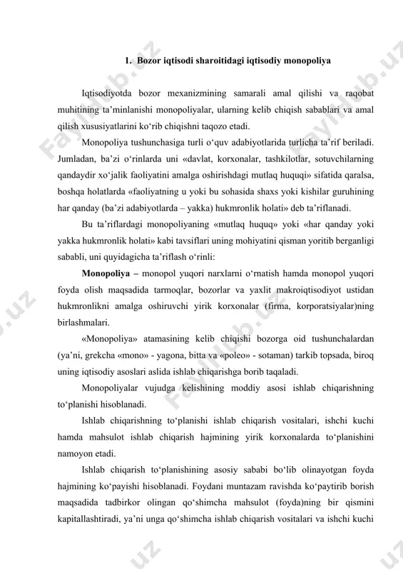 ravishda ko‘paytirib borish maqsadida tadbirkor olingan qo‘shimcha mahsulot (foyda)ning bir qismini kapitallashtiradi, ya’ni unga qo‘shimcha ishlab chiqarish vositalari va ishchi kuchi sotib oladi. bu esa ba’zi bir korxonalarning o‘sishi hamda ishlab chiqarish miqyoslarining kengayishiga olib keladi. shu bilan birga raqobat amaldagi kapitallarning ixtiyoriy yoki majburiy birlashtirish, markazlashtirish tendensiyasini keltirib chiqaradi. shunday qilib, ishlab chiqarish to‘planishining moddiy asosi bo‘lib kapitalning to‘planishi va markazlashuvi hisoblanadi. ishlab chiqarishning to‘planishi o‘z rivojining ma’lum darajasida monopoliyalarning paydo bo‘lishiga olib keladi. ishlab chiqarishning to‘planishi hamda monopoliyalarning paydo bo‘lishi o‘rtasidagi ichki aloqalar quyidagilarda namoyon bo‘ladi: 1) tarmoqlarda bir necha yirik korxonalarning hukmron mavqega ega bo‘lishi ularning bir-biri bilan kelishuviga hamda monopolistik birlashmalar tuzishiga imkon yaratadi; 2) yirik korxonalar o‘rtasidagi raqobat juda qaltis bo‘lib, ular uchun katta miqyosdagi yo‘qotishlarga olib kelishi mumkin. shunga ko‘ra, raqobatni cheklash, tovarlarga yuqori narxlar belgilash va yuqori foyda olish uchun yirik ishlab chiqaruvchilarning monopolistik ittifoqlarga birlashishi lozim bo‘ladi. monopoliyalarning vujudga kelishida ishlab chiqarishning …