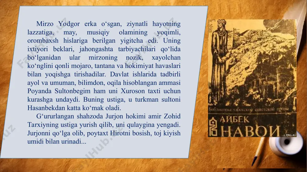 adilar: mirzo yodgorga qilinajak hujumni qay yo‘sinda olib borish, turli qismlarga kimlarni sardor tayinlash to‘g‘risida takliflarni o‘rtaga otdilar. husayn boyqaro ularning chora-tadbirlarini ma’qulladi. o‘tirganlarga ko‘zlarini bir-bir tikib, qandaydir ichki shavq va yengil ik bilan dеdi: — endilikda so‘z osmon kitobida qoldi! yoki xato qilurmenmi? сhorpaxil, beso‘naqay islim barlos qalpoqli boshini og‘ir tebratdi-da, osmonni ko‘rmasa ham, qahrli ko‘zlarini yuqoriga — ipak chodirning ko‘rkam uqalari, rang-barang ipak shokilalari osilib turgan shipga tikdi va salmoqlanib, dеdi: — albatta... yulduzlar ne der ekanlar?.. — munajjimni qoshimizg‘a chorlaylik. shoyad safarimizga tole yulduzining intizorligini bizga e’lon qilsa, — dеdi podshoh navoiyga qarab. — munajjim aksini so‘zlasa, ul chog‘ hazratlari ne qilurlar? — tabassum bilan so‘radi navoiy. husayn boyqaro taraddudlanmadi. — tole soatini kutmoqdan o‘zga ilojimiz yo‘q. toleimiz o‘z yulduzini egallagan kun biz ham otlarimizga minurmiz. beklar goh podshohga, goh navoiyga qarab, jim o‘tirishardi. — podshoh hazratlari, — nazokat bilan murojaat etdi navoiy, — bizning fikrimizcha, har …