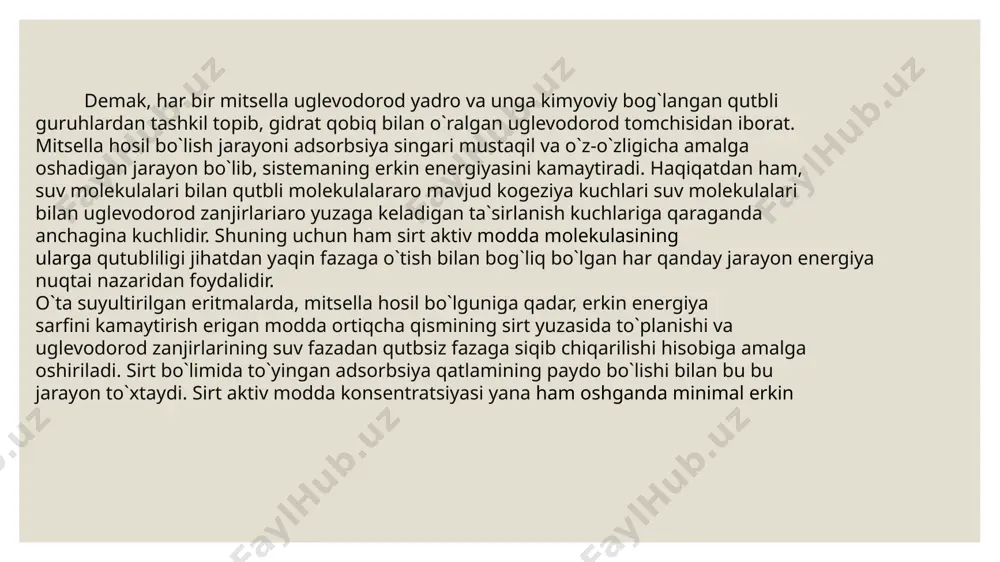 ganizm va o'simlik to'qimalari o‘z tarkibida eritrnalari kolloid eritmalarning ko'p xossasiga ega yuqori molekular birikmalar (oqsillar, glikogen, kraxmal, selluloza) ni tutadi. hayvonlar va o'simliklar taraqqiyoti ham kolloid-kimyoviy jarayonlarga asoslangan. shulardan kolloid kimyoning umuman biologiyada va, ayniqsa biokimyo va tibbiyotdagi ahamiyati kelib chiqadi. e'tiboringiz uchun rahmat! image2.jpg image3.jpeg image4.jpeg image5.jpeg image6.jpeg image7.jpeg image8.jpeg /docprops/thumbnail.jpeg