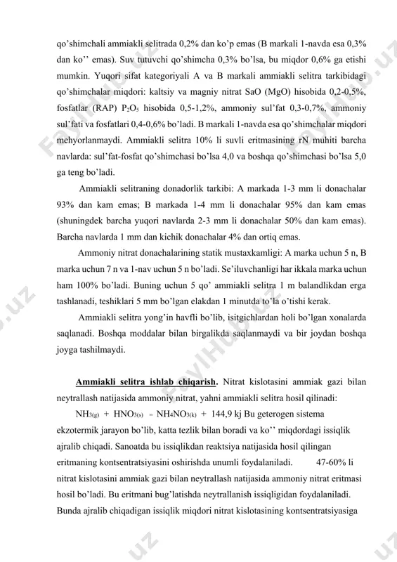 g’latishda neytrallanish issiqligidan foydalaniladi. bunda ajralib chiqadigan issiqlik miqdori nitrat kislotasining kontsentratsiyasiga to’g’ri proportsional ravishda bog’liq bo’ladi (2 – rasm). olinadigan eritmadagi ammoniy nitrat miqdori reaktsiya uchun olingan nitrat kislotasi kontsentratsiyasiga ‘ro’ortsional o’zgaradi hamda neytrallanish issiqligidan foydalanilganda uning eritmadagi miqdori oshib boradi (3 – rasm). reaktsiya muhitidan issiqlikni chiqarib turish faqatgina undan unumli foydalanishgina emas, balki reaktsiyadan unumli foydalanish uchun ham zarurdir. chunki, issiqlik oshib borgan sayin nitrat kislotasi va ammoniy nitratning parchalanish jarayonlari sodir bo’lib, azotning yo’qotilishiga sabab bo’ladi. bu esa issiqlikdan neytrallash jarayonida foydalanishni murakkablashtiradi. natijada yangi texnologik sharoit va jihozlarni yaratish majburiyatini tug’diradi. ilk bora mahlum bo’lgan usullarda reaktsiya issiqligidan foydalanilmas va ammoniy nitrat eritmasi suvli sovutgich orqali o’tib, neytrallash jihozi (reaktor) va ammiak yutgich (absorber) oralig’ida aylanar edi. keyinchalik bu usul o’rnini boshqasi egalladi, yahni eritma neytrallash jihozi (apparati) dan bug’latgichga beriladigan bo’ldi. bu usulda neytrallash 180-200os xarorat va 0,35-0,6 m’a bosimda olib boriladi. bug’latish esa …