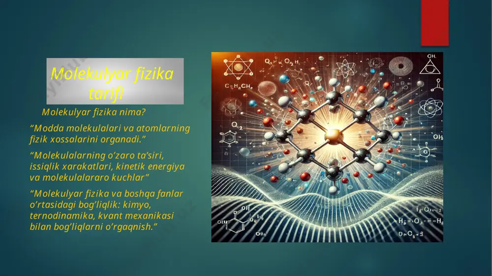 h va qotish jarayoni: qattiq va suyuq holat o’rtasidagi molekulyar o’zgarishlar hisonlanadi. molekulyar fizikaning amaliy qo’llanilishi nanotexnologiyalarda: molekulyar darajadagi materiallar yaratish energetika va kimyoviy reaktorlar: molekula/aro energiya ishlab chiqarishdagi ro’li farmatsevtka: dori vositalarining molekulyar tuzilishini tushuntirish kosmik texnologyalar: kosmik fazoda materiallaning xatti-harakatini tahlil qilish etiboringiz uchun raxmat image6.jpg image7.jpg image8.jpg image9.jpg image10.jpg image11.jpg image12.jpg image2.png image3.png image4.png image5.png /docprops/thumbnail.jpeg