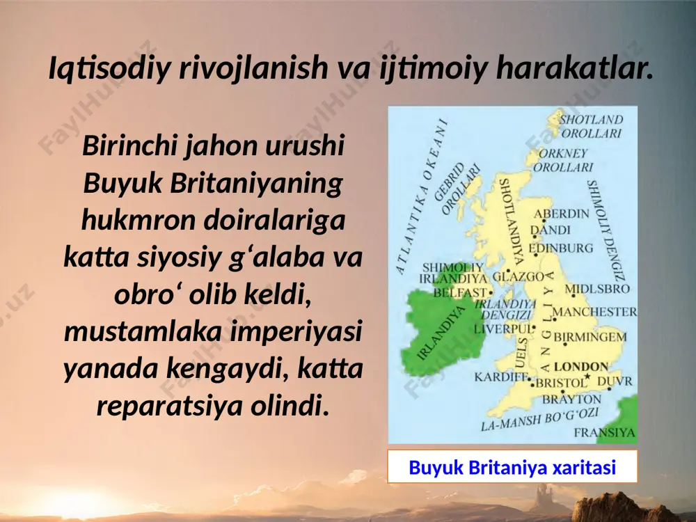 ik harakatlarini qurol kuchi bilan shafqatsiz bostirdi. 1919-yili hindistonning armitsar shahrida ingliz qo‘shinlari tinch namoyishchilarni o‘qqa tutdi. buyuk britaniyada bu siyosat 1937-yili hokimiyatga kelgan bosh vazir nevill chemberlen nomi bilan bog‘liq. boshlanishi muqarrar bo‘lib qolgan urushni sharqqa qarab yo‘naltirish maqsadida nevill chemberlen adolf gitler, benito mussolini va eduard dalade bilan birgalikda 1938-yili myunxen kelishuvini imzoladi. n. chemberlen, e. dalad’e, а. gitler va b. mussolini myunxen kelishuvini imzolagandan so‘ng (chapdan). kelishuv natijasida chexoslovakiyaning, asosan, nemis millatiga mansub aholi yashaydigan sudet viloyati germaniyaga berildi. ammo germaniya bu bilan cheklanmadi. u 1939-yil 1-sentabrda polshaga bostirib kirdi va ikkinchi jahon urushini boshlab berdi. 3-sentabr kuni polshaning ittifoqchisi bo‘lgan buyuk britaniya germaniyaga qarshi urush e’lon qildi va shu tariqa boshlanib ketgan ikkinchi jahon urushiga qo‘shildi. savol va topshiriqlar 1. buyuk britaniya birinchi jahon urushidan qanday natijalar bilan chiqdi? 2. buyuk britaniya taraqqiyotidagi qanday muammolar 1926-yil maydagi eng yirik ish tashlashni keltirib chiqardi? 3. bu davrda …