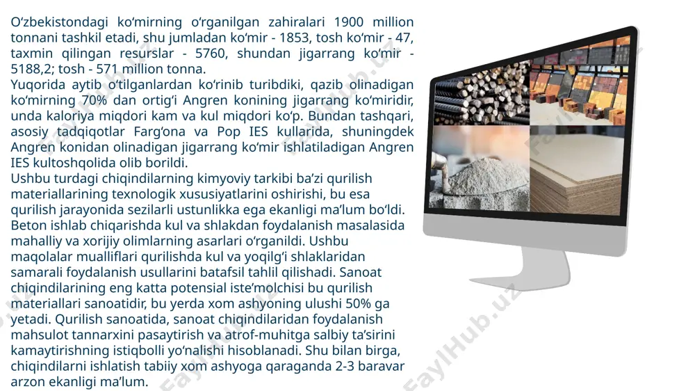 vor elementlari, yig’ma pardadevor plitalari, arxitektura qismlari tayyorlanadi. qolipbop gips keramik va chinni - fayans buyumlar ishlab chiqarishda qolip tayyorlashda ishlatiladi.” 3 kimyo sanoati chiqindisi hisoblanuvchi gipsdan, keramika mahsulotlari ishlab chiqarishda ham keng qo‘llaniladi. bu jarayon iqtisodiy va ekologik rivojlanishning ilk bosqichi hisoblanadi. keramika mahsulotlari ishlab chiqarishda hozirgi kunda noyob loy turi yaxshi samara berib kelmoqda.ushbu noyob loy - gipsli qorishma hisoblanadi. ya’ni gipsning noyobligi qotish jarayonida kengayish xususiyatiga ega ekanligidir.jumladan,farg‘ona viloyatining farg‘ona tumanida faoliyat olib borayotgan “eko kerama” korxonasi ish faoliyati natijasida 7 kun mobaynida 300 tonnagacha gips chiqindisi ajratiladi.agar ushbu chiqindi uyumidan unumli foydalanilmasa ko‘plab salbiy oqibatlarni keltirib chiqarishi mumkin. xulosa yuqoridagi tahlillar shuni ko‘rsatmoqdaki, chiqindilardan qurilish materiallari ishlab chiqarish nafaqat ekologik muammolarning oldini olishda, balki iqtisodiy resurslarni tejashda ham muhim ahamiyat kasb etadi. sanoat, qurilish va maishiy chiqindilarni qayta ishlash orqali arzon, sifatli va ekologik xavfsiz qurilish mahsulotlari ishlab chiqarish imkoniyati yaratiladi. bu esa barqaror rivojlanish, yashil …