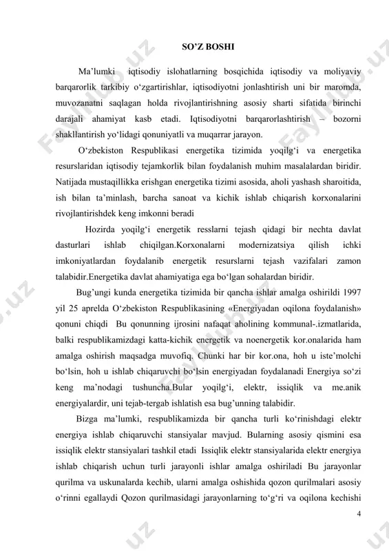 sqichma - bosqich ishlov berish uchun issiqlik energiyasini ham beradi. investitsiya loyihalari zamonaviy ilmiy – te.nik ishlanmalarni joriy etish bilan bog‘liq toshkent, navoiy, tollimarjon issiqlik elektr stansiyalarini modernizatsiya qilishda foydalaniladigan bug’ -gaz qurilmasi shunday ishlanmalar sirasiga kiradi toshkent iemda ana shunday bug’ – gaz qurilmasining quvvati 370 mvt tashkil etadi 2,8 milliard kilovatt–soat elektr va issiqlik energiyasini ishlab chiqaradigan bunday qurilma 175 million kub metr tabiiy gazni tejash imkonini beradi boshqa elektr stansiyalarda ham energiya samaradorligi oshishi va katta hajmda tabiiy gaz tejalishi kutilmoqda davlatimiz rahbarining “2017-2021 yillarda o‘zbekiston respublikasi sanoatini rivojlantirishning ustuvor yo‘nalishlari to‘g‘risida”gi qarorini tarmoqda bajarish bo‘yicha kompleks ishlar mehnat unumdorligini oshirish, uchun fanni o’rganish natijasida talaba quyidagi bilim, ko’nikma va malakalarga ega bo’ladi: sarf – xarajatlar va mahsulot tannarhini izchil kamaytirish, zamonaviy energiya va resurs tejaydigan texnologiyalarni joriy etish, ishlab chiqarishni tashkil etishni takomillashtirish, turli yo‘qotishlarni bartaraf etish hisobidan amalga oshirilmoqda, stansiyalarni o’rganib chiqib, moderinizatsiya talab etiladigan …