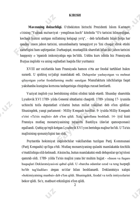 xsat berilardi. vaziyat inqilob yuz berishining oldini olishni talab etardi. shunday sharoitda lyudovik xvi 1789- yilda general shtatlarini chaqirdi. 1789- yilning 17- iyunida uchinchi toifa deputatlari o'zlarini butun millat vakillari deb e'lon qildilar. shuningdek, yangi parlament - milliy kengash tuzdilar. 9- iyulda milliy kengash o'zini «ta'sis majlisi» deb e'lon qildi. xalq qurollana boshladi. 14- iyul kuni fransiya mutlaq monarxiyasining tayanchi bastiliya (davlat qamoqxonasi) egallandi. qattiq qo'rqib ketgan lyudovik xvi yon berishga majbur bo'ldi. u ta'sis majlisining qonuniyligini tan oldi. poytaxtda hokimiyat inqilobchilar vakillaridan tuzilgan parij kommunasi (parij kengashi) qo'liga o'tdi. mutlaq monarxiyaning qulashi mamlakatda tinchlik o'rnatilishiga olib kelmadi. aksincha, butun mamlakatni endi dehqonlar qo'zg'oloni qamrab oldi. 1789- yilda ta'sis majlisi yana bir muhim hujjat - «inson va fuqaro huquqlari deklaratsiyasi»ni qabul qildi. u «barcha odamlar ozod va teng huquqli bo'lib tug'iladilar» degan so'zlar bilan boshlanardi. deklaratsiya xalqni «hokimiyatning manbai» deb e'lon qildi. shuningdek, feodal va toifa imtiyozlarini bekor qildi. so'z, …