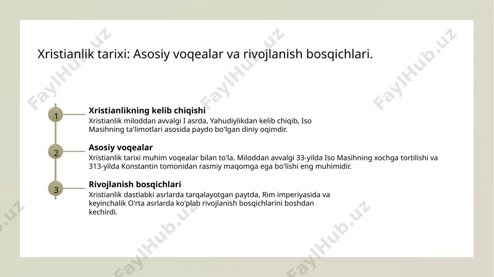 , turli dinlar o'rtasida muvozanatni saqlashga yordam beradi. foydalanilgan adabiyotlar 1. rasulov, i. xristianlik tarixi va rivojlanishi. tashkent: o‘zbekiston respublikasi fanlar akademiyasi, 2022. 2. abdulov, r. xristianlikning asosiy gʻoyalari. samarkand: sharq-nashr, 2021. 3. davronov, m. oʻzbekistondagi xristianlik ta'siri. tashkent: o‘zbekiston milliy universiteti, 2023. 4. shukurov, j. xristianlik va uning madaniyatga ta'siri. tashkent: iqtisodiyot va san'at, 2020. 5. ismailov, a. xristian dinining tarixi va asosiy gʻoyalari. tashkent: o‘zbekiston respublikasi oliy va o‘rta maxsus ta’lim vazirligi, 2021. e'tiboringiz uchun rahmat! /docprops/thumbnail.jpeg