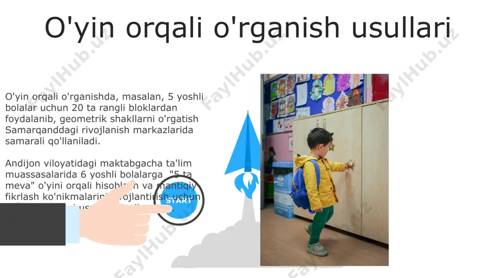 ilgan minimal miqdori kuniga kamida 60 daqiqa bo'lib, bu ularning mushaklarining rivojlanishi va sog'lom suyak tuzilishiga yordam beradi. samarqanddagi tadqiqotlar shuni ko'rsatdiki, muntazam jismoniy mashqlar bilan shug'ullanuvchi bolalarning 85% diqqat-e'tiborining yaxshilanishi va o'qishdagi muvaffaqiyatlarining yuqoriligini namoyon qildi. maktabgacha yoshdagi bolalarni tarbiyalashning ahamiyati ijtimoiylashuv jarayonida bolalar 5 yoshga kelib, oʻz tengdoshlari bilan muloqot qilish, hamkorlik qilish va munosabatlarni oʻrnatishni oʻrganadilar, bu esa keyingi hayotlarida muvaffaqiyatga erishishda yordam beradi, masalan, toshkentdagi tadqiqotlar shuni koʻrsatadi. maktabgacha yoshdagi bolalarning intellektual rivojlanishiga 3-7 yosh oraligʻida 80% taʼsir koʻrsatiladi, shuning uchun samarqanddagi bolalar bogʻchalari kabi muassasalar muhim ahamiyatga ega. 06 05 04 ota-onalar bilan hamkorlik 01 02 ota-onalar bilan samarali hamkorlikni ta’minlash uchun, toshkent shahridagi 3 ta maktabgacha ta’lim muassasasi tajribasidan kelib chiqib, oilaviy ta’lim dasturlarini 20% ga oshirish taklif etiladi. bolalar rivojlanishini kuzatish va baholash uchun ota-onalar bilan oyiga kamida 2 marta onlayn yoki shaxsan uchrashuvlar o’tkazish, 50 dan ortiq oila bilan o’tkazilgan so’rovnomalar natijalari …