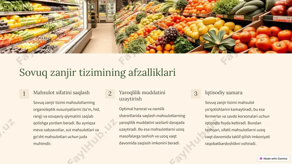 ) yetarli emas. bu muammoni hal qilish uchun davlat va xususiy sektor hamkorligini kuchaytirish, investitsiyalarni jalb qilish zarur. yuqori xarajatlar sovuq zanjir tizimini joriy etish va saqlash katta moliyaviy xarajatlarni talab qiladi. bu muammoni hal qilish uchun davlat subsidiyalari, imtiyozli kreditlar va kooperativlar tashkil etish orqali xarajatlarni kamaytirish mumkin. elektr ta'minoti muammolari ayrim hududlarda elektr ta'minoti barqaror emas, bu esa sovutish tizimlarining ishlashiga xalaqit beradi. muqobil energiya manbalari (quyosh panellari, generatorlar) va energiya samaradorligini oshirish bu muammoni yengishga yordam beradi. malakali kadrlar yetishmasligi sovuq zanjir tizimini samarali boshqarish uchun maxsus bilim va ko'nikmalarga ega bo'lgan mutaxassislar kerak. kadrlarni tayyorlash va malakasini oshirish dasturlarini ishlab chiqish bu muammoni hal qilishga yordam beradi. 7 sovuq zanjir tizimini nazorat qilish va sifatni ta'minlash muntazam tekshiruvlar sovuq zanjir tizimining barcha bosqichlarida muntazam ravishda harorat va namlik nazoratini o'tkazish lozim. buning uchun maxsus sensorlar va monitoring tizimlari qo'llaniladi. tekshiruvlar natijalari maxsus jurnallarga yoki elektron bazalarga …