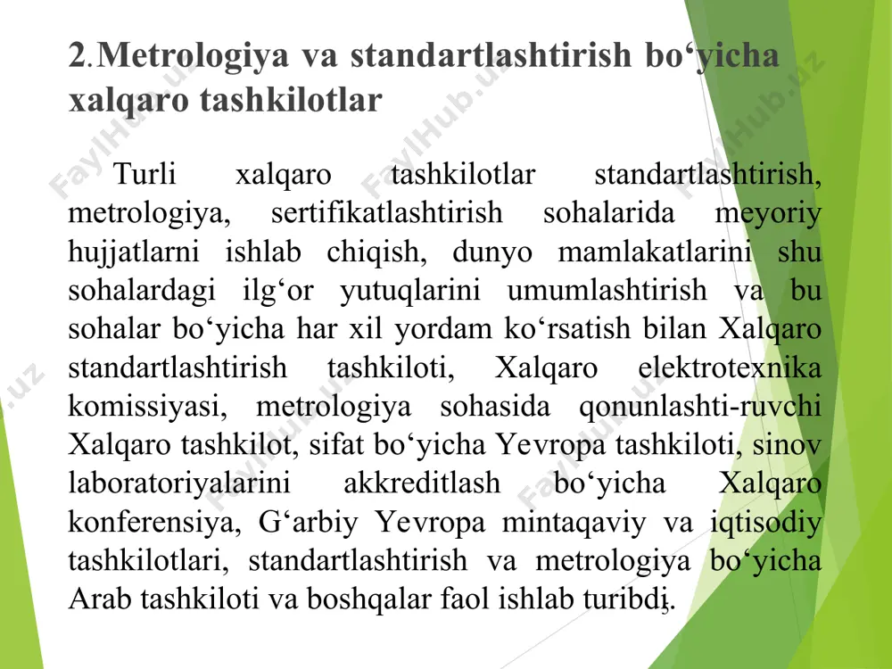 ini uyg‘unlashtirish; - xalqaro ko‘lamda birxillashtirilgan o‘lchash birliklarini mamlakatlarda qo‘llanishini ta’minlash; - metrologik xizmatlarning eng qulay shakllarini ishlab chiqish va ularni joriy etish bo‘yicha davlat ko‘rsatmalarining birliligini ta’minlash; - rivojlanayotgan mamlakatlarda metrologik ishlarni ta’min etish va ularni zarur texnik vositalari bilan ta’minlashda ilmiy-texnikaviy yordamlashish; - metrologiya sohasida turli darajalarda kadrlar tayyorlashning yagona qonun-qoidalarini belgilash. mozm ning oliy rahbar idorasi metrologiyadan qonun chiqaruvchi xalqaro konferensiyasi hisoblanib, u har 4-yilda bir marta chaqiriladi. konferensiya tashkilotning maqsad va vazifalarini belgilaydi, ishchi idoralarining ma’ruzalarini tasdiqlaydi, budjet masalalarini muhokama qiladi. mozm ning rasmiy tili - fransuz tilidir. sifat bo‘yicha yevropa tashkiloti (yeokk) sifatni nazorat qilish yevropa tashkiloti yeokk (yevropeyskaya organizatsiya po kontrolyu kachestva) bo‘lib, uning birinchi konferensiyasi 1957 yilda chaqirilgan va shu yilning o‘zida uni nizomi ham tasdiqlandi. 3. metrologiya bo‘yicha asosiy atamalar metrologiyada bot-bot ishlatiladigan ayrim tushunchalar quyidagilardan iborat: metrologiya – o‘lchashlar, ularning birliligini ta’minlash usullari va vositalari hamda kerakli aniqlikka erishish yo‘llari haqidagi …