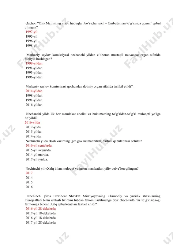 millatlar tashkiloti bosh assambleyasining …-sessiyasida, xalq hokimiyatini nomiga emas, balki amalda joriy qilish mexanizmlarini mustahkamlashni global maqsad sifatida belgilab, mamlakatimiz barcha hududida prezidentning virtual va xalq qabulxonalari tashkil etilganini hamda hozirgi kungacha bir milliondan ortiq fuqarolarimiz bu qabulxonalar orqali o’zlarining dolzarb muammolarini hal qilganini ta’kidlab o’tdi? 72 74 68 75 “xarakatlar strategiyasi” qachon e’lon qilingan? 2017-yil 17-fevralda 2016-yil 28-dekabrda 2016-yil 18-dekabrda 2017-yil 27-martda quyidagi qaysi qatorda harakatlar strategiyasining uchinchi ustuvor yo’nalishi keltirilgan? iqtisodiyotni rivojlantirish va liberallashtirish xavfsizlik, diniy bag’rikenglik va millatlararo totuvlik, o’zaro manfaatli va amaliy tashqi siyosat ijtimoiy sohani rivojlantirish qonun ustuvorligini ta’minlash va sud-huquq tizimini yanada isloh qilish quyidagi qaysi qatorda harakatlar strategiyasining ikkinchi ustuvor yo’nalishi keltirilgan? qonun ustuvorligini ta’minlash va sud-huquq tizimini yanada isloh qilish xavfsizlik, diniy bag’rikenglik va millatlararo totuvlik, o’zaro manfaatli va amaliy tashqi siyosat ijtimoiy sohani rivojlantirish davlat va jamiyat qurilish tizimini takomillashtirish quyidagi qaysi qatorda harakatlar strategiyasining birinchi ustuvor yo’nalishi keltirilgan? davlat va …