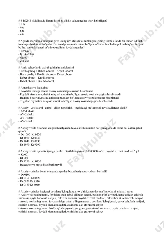 vositalar qaysi qiymatda aks ettiriladi + 236 500 - 232 000 - 233 000 - 228 500 # 2014-yil 15- dekabrdan eng kam ish haqi (ekih) o‘zgardi, dasturning qaysi joyiga bu o‘zgartirishlar kiritiladi? + «ish haqini hisoblash» hujjati - «ish haqi» qistirmasi konstantalari - konstata - shtat jadvali # 6-bxms «moliyaviy ijarani hisobga olish» uchun nechta shart keltirilgan? + 5 ta - 6 ta - 8 ta - 4 ta # agarda shartnoma tuzilganligi va uning ijro etilishi ta’minlanganligining isboti sifatida bir tomon ikkinchi tomonga shartnoma bo‘yicha o‘zi amalga oshirishi lozim bo‘lgan to‘lovlar hisobidan pul mablag‘ini bergan bo‘lsa, tomonlar qaysi ta’minot usulidan foydalanganlar? + bo‘nak - ijro kafolati - garov - zakalat # aktiv schyotlarda oxirgi qoldig'ini aniqlanishi + bosh qoldiq + debet oborot – kredit oborot - bosh qoldiq + kredit oborot – debet oborot - debet oborot – kredit oborot - debet oborot + kredit oborot # amortizasiya …