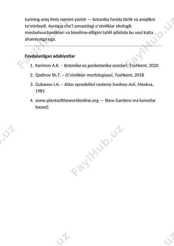 nalaridan tashkil topgan ilmiy kollektsiya bo‘lib, u o‘simlikni identifikatsiya qilishning asosiy vositalaridan biridir. asosiy qism 1. gerbariy nima va uning vazifasi gerbariy — bu o‘simliklarni ilmiy jihatdan o‘rganish, taqqoslash va aniqlashda qo‘llaniladigan asosiy material hisoblanadi. har bir gerbariy namunasiga quyidagilar ilova qilinadi:  o‘simlikning nomi (ilmiy va xalqona)  topilgan joyi va vaqti  topuvchining ismi  muhit haqida ma’lumot gerbariy namunalari o‘simlikning tashqi tuzilishi, bargi, poyasi, guli yoki mevasi asosida aniqlanadi.