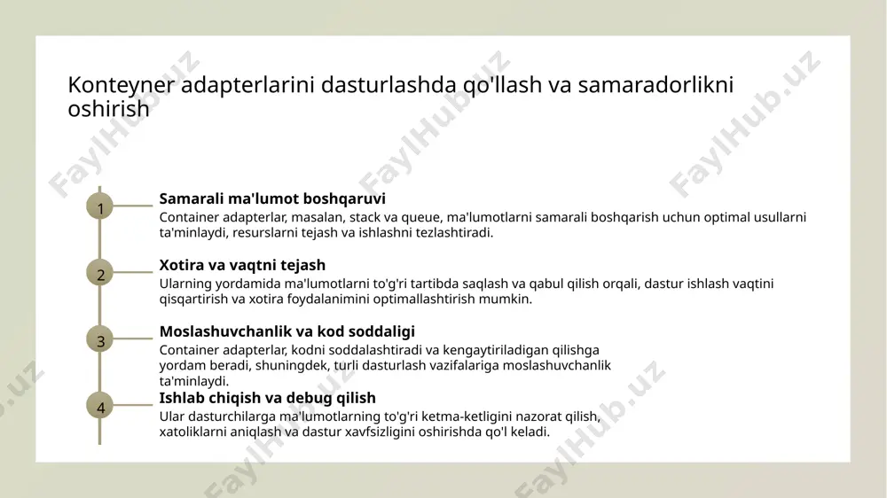 . stack, queue va priority queue: taqqoslash va amaliy qo‘llanilishi. o‘zbekiston axborot texnologiyalari jurnali, 15(3), 45-52. 3. yoshilov, a. (2021). ma’lumotlarni tashkillashtirishda konteyner adapterlarining roli. informatika va hisoblash texnikasi, 8(2), 78-85. 4. toshkent davlat texnika universiteti. (2018). algoritmlar va ma’lumotlar tuzilmalari. toshkent: tdtt nashriyoti. 5. bekmurodov, r. (2022). amaliy dasturlarda konteyner adapterlarini optimallashtirish usullari. innovatsion texnologiyalar va dasturlash, 10(1), 33-40. e'tiboringiz uchun rahmat! /docprops/thumbnail.jpeg
