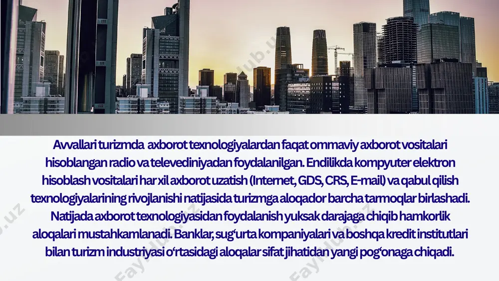 umkin: 1.videotexnologiya 2. multimedia texnologiya 3.neyrokompyuterli texnologiyalar 4.obyektga yo‘naltirilgan texnologiyalar 5.bilimlarni boshqarish texnologiyasi 6.internet texnologiyasi bundan tashqari vazifalariga qarab ham axborot texnologiyalarini bir nechta turlarga ajratishmumkin: borcelle ma’lumotlarga ishlov beruvchi axborot texnologiyalari 01 boshqarishning axborot texnologiyalari 02 ofis(idora)ning axborot texnologiyasi. 03 turizmning axborot ta’minoti - turizm axborotiy ma’lumotlar bazasi va maxsus axborot texnologiyalari jamlanmasi orqali ularni qayta ishlash yordamida turizm faoliyati samaradorligini boshqaruvning barcha bo‘g‘inlarida oshirishdir. turizmning axborot tizimi – turizmning axborotiy ma’lumotlar bazasi va ularni qayta ishlashga qaratilgan maxsus axborot texnologiyalari va texnik vositalar majmuasidir. turizmda internetning afzalliklari hozirgi zamonda internetsiz hech qaysi sohani tasavvur qilib bo`lmaydi. shu jumladan turizm sohasini ham. turizmda internet orqali samolyot yoki poyezd chiptasini olish, mehmonxonalarni bron qilish, qolaversa, madaniy meros va tarixiy obidalarga kirganda qr kodni skaner qilib, o`sha joyga vertual sayohat qilish hamda ma`lumot olish imoniyatlari bor. turizmda internetning kamchiliklari turizm shahri bo`lsa ya`ni o`sha shahar turizm shahri bo`lsa u yerda bepul …